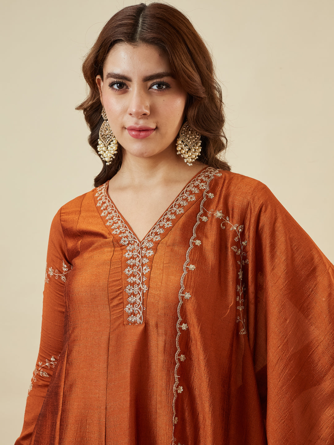 Rust Silk Embroidered Anarkali Kurta with Dupatta Set | neckside design image