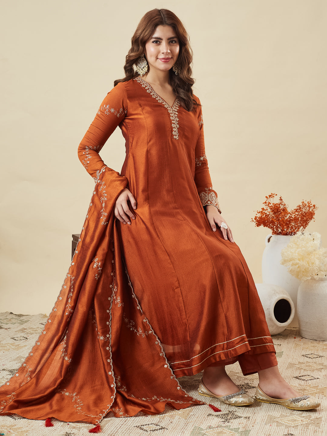 Rust Silk Embroidered Anarkali Kurta with Dupatta Set