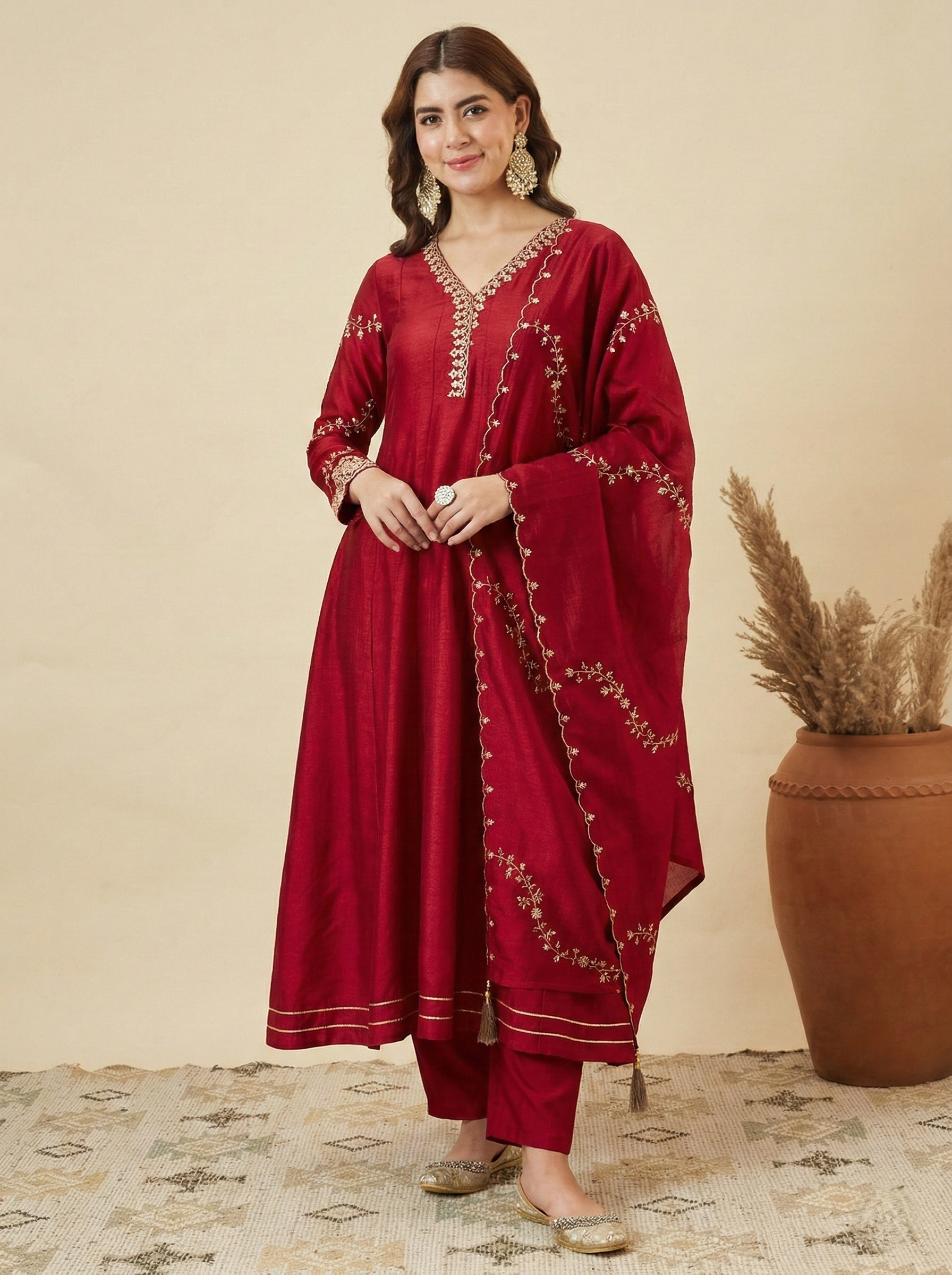 Red Silk Embroidered Anarkali Kurta with Dupatta Set