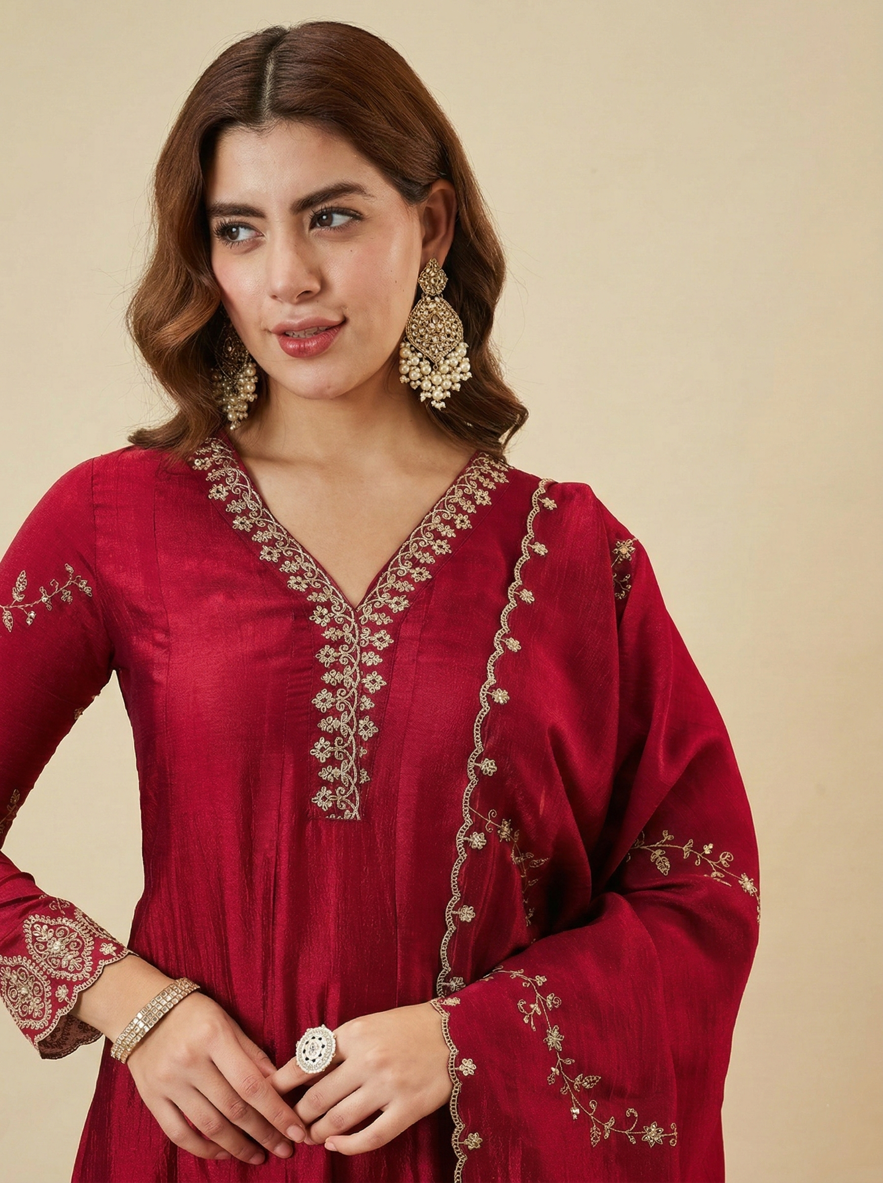 Red Silk Embroidered Anarkali Kurta with Dupatta Set