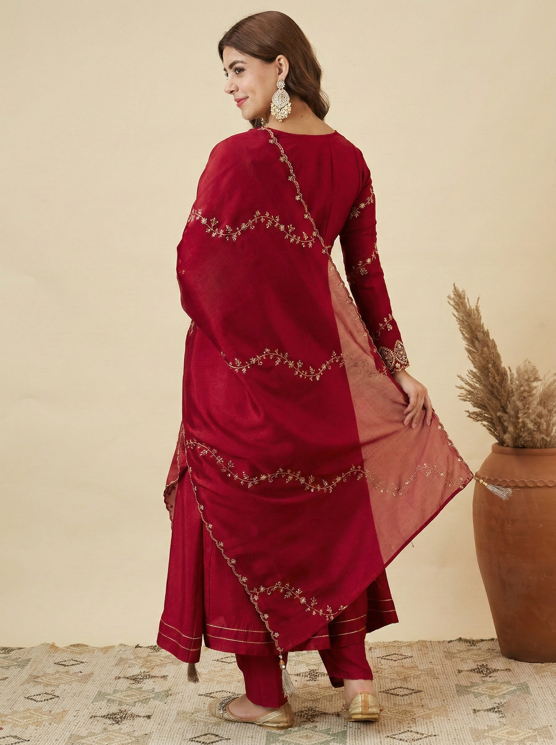 Red Silk Embroidered Anarkali Kurta with Dupatta Set