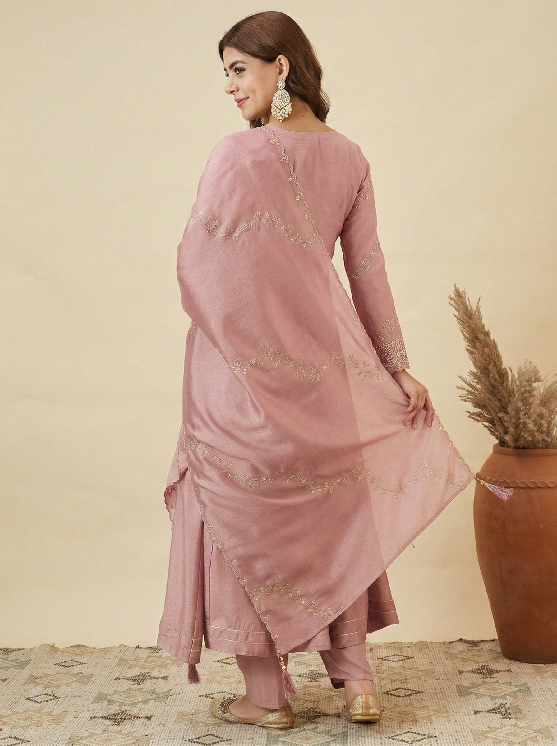 Pink Silk Embroidered Anarkali Kurta Set with Dupatta