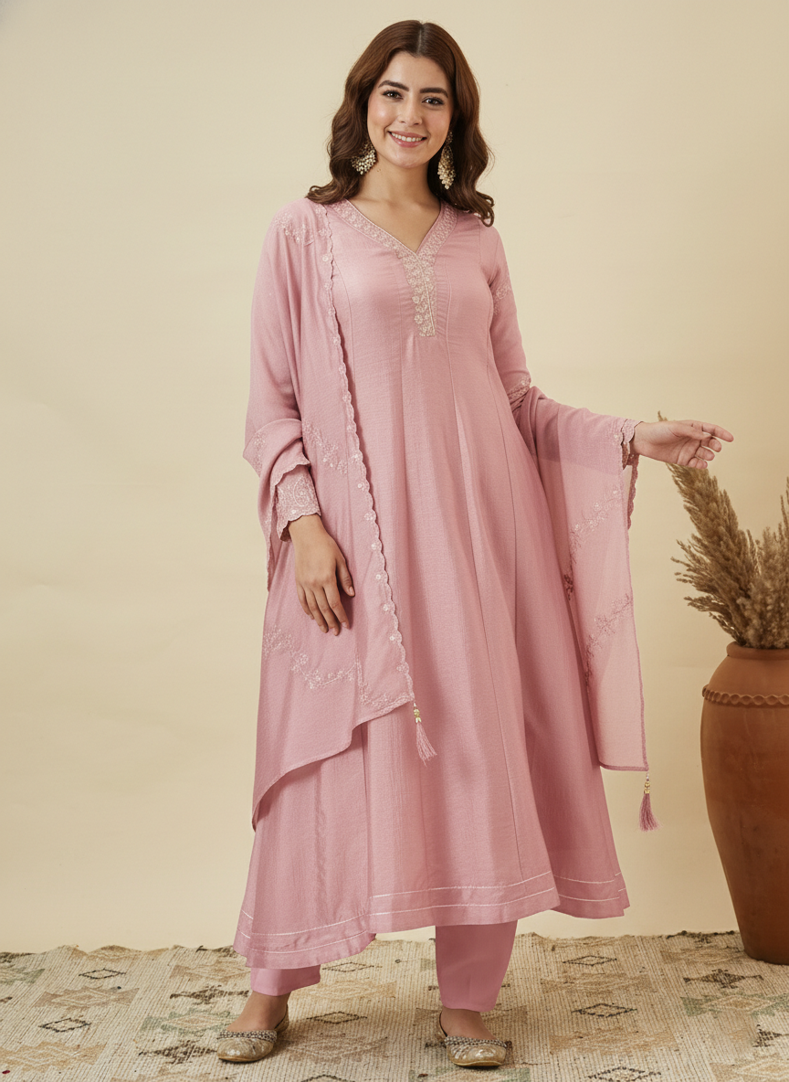 Pink Silk Embroidered Anarkali Kurta Set with Dupatta