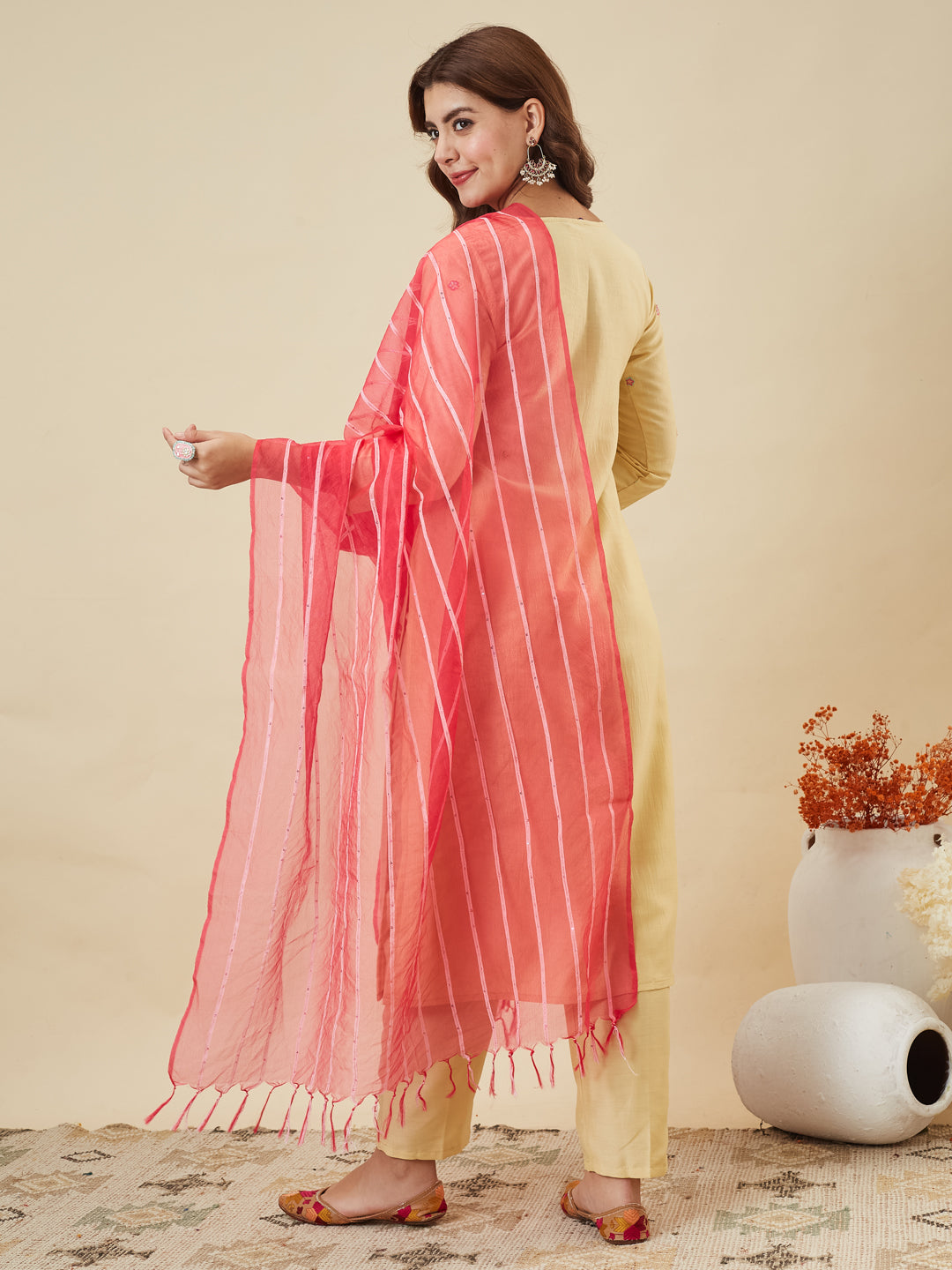 Yellow Embroidered Chinon Kurta with Dupatta Set for womens