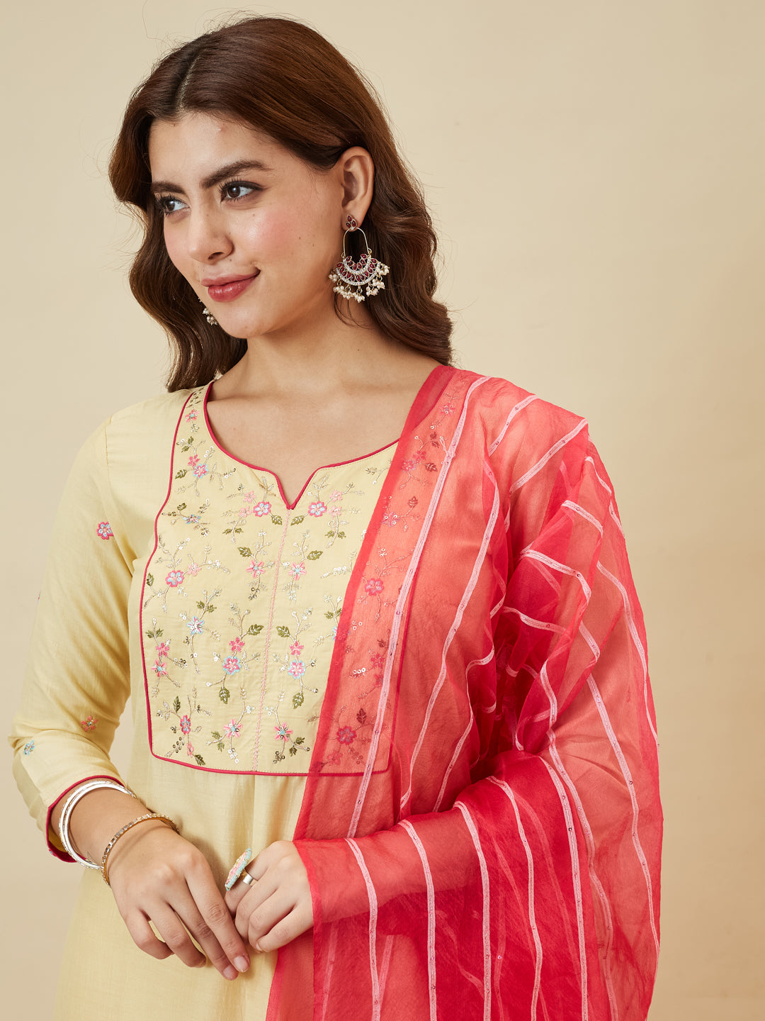 Yellow Embroidered Chinon Kurta with Dupatta Set for womens