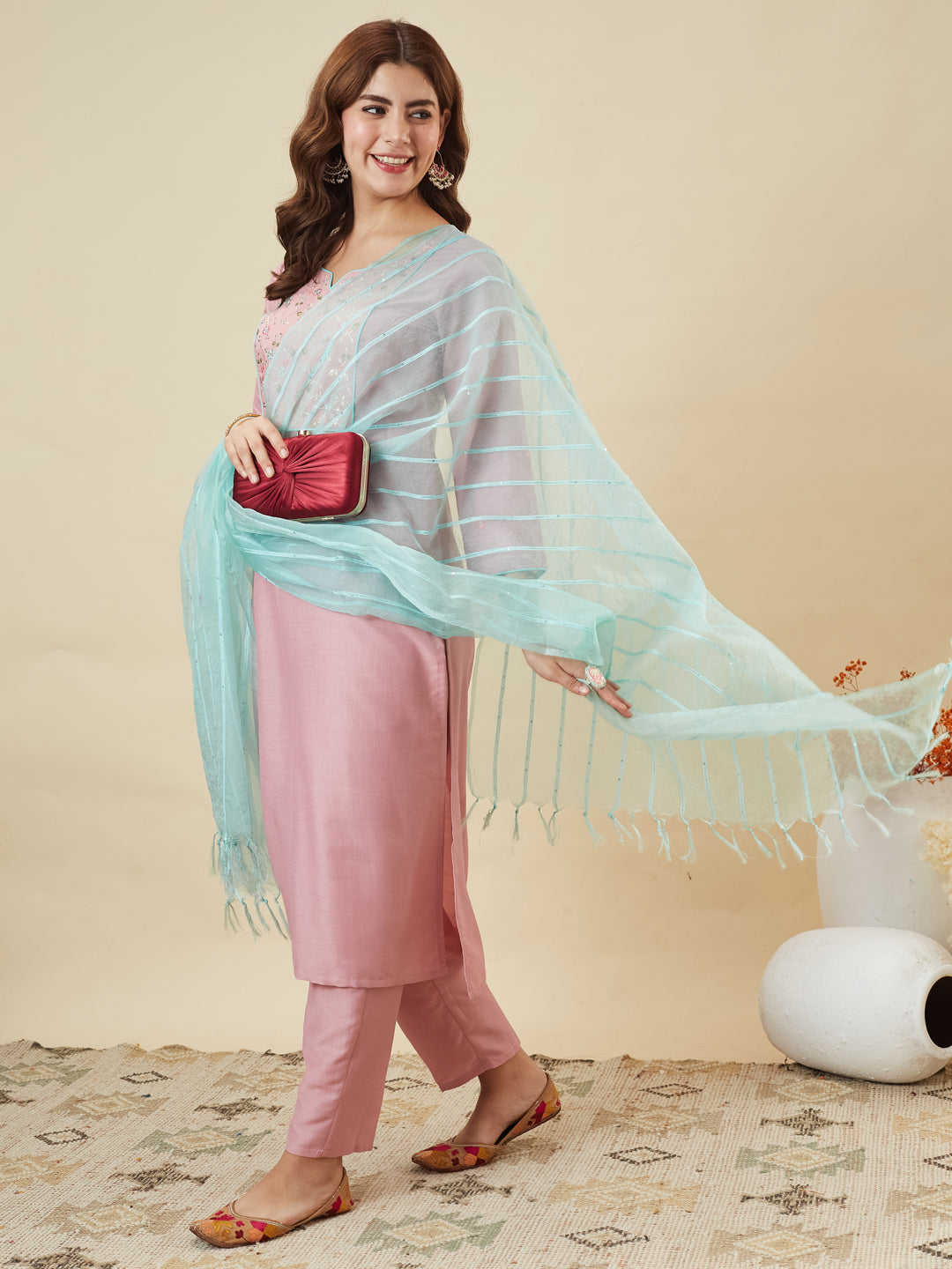 Pink Embroidered Chinon Kurta with Dupatta Set for womens