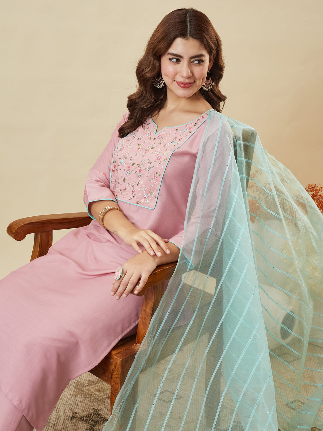 Pink Embroidered Chinon Kurta with Dupatta Set for womens