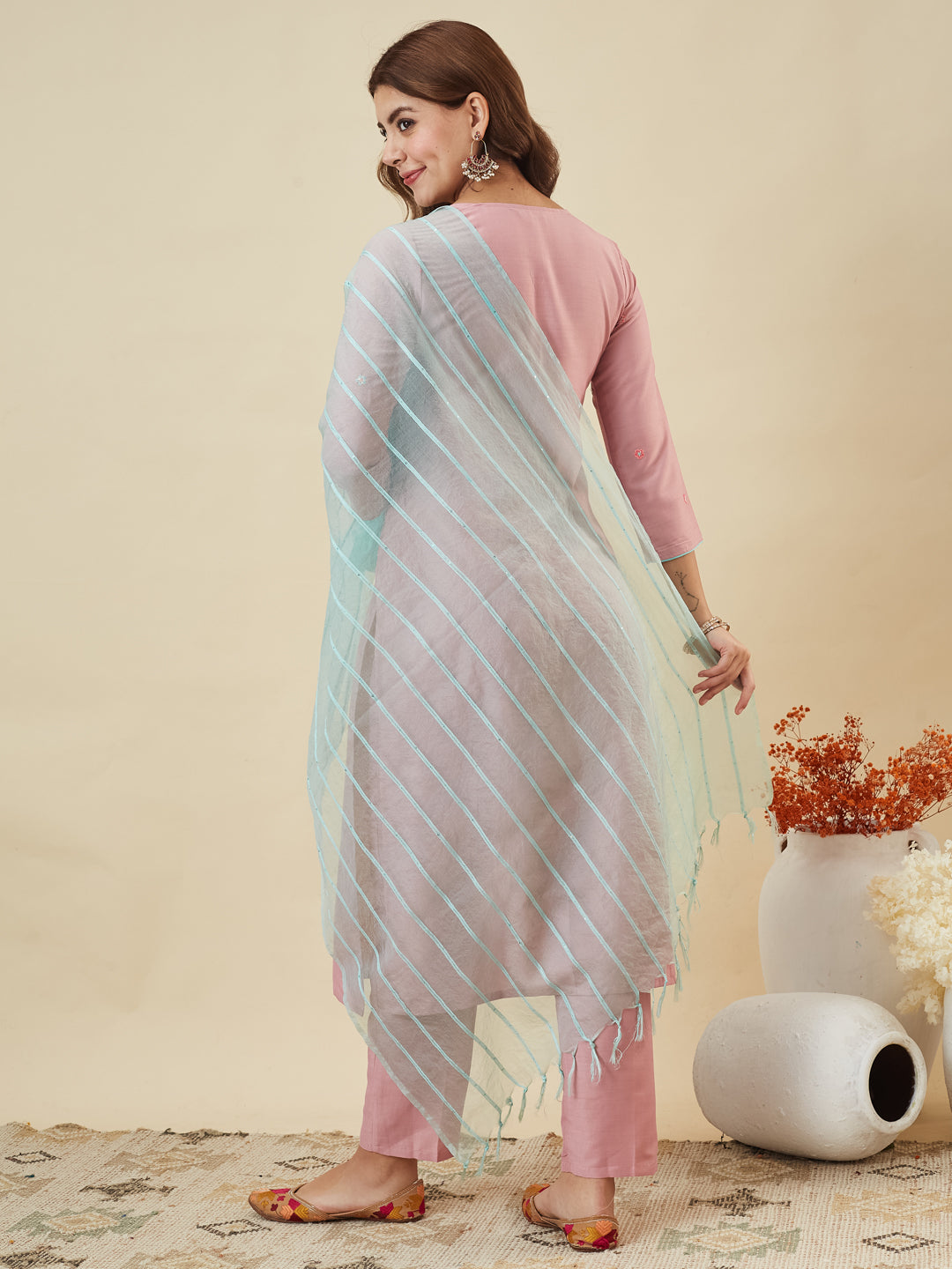 Pink Embroidered Chinon Kurta with Dupatta Set for womens | back side image