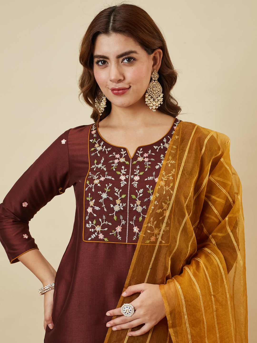 Coffee Embroidered Chinon Kurta with Dupatta Set for womens