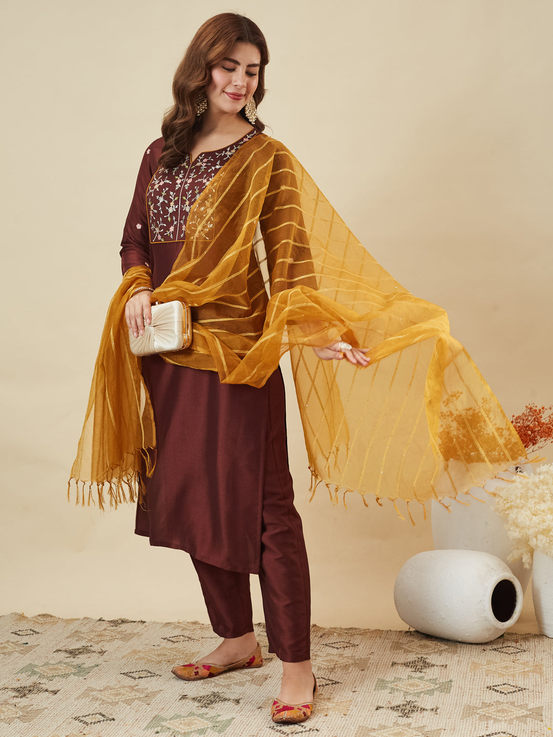 Coffee Embroidered Chinon Kurta with Dupatta Set for womens