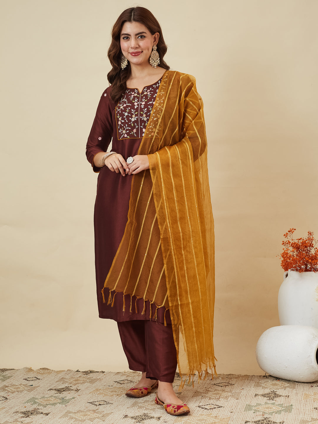 Coffee Embroidered Chinon Kurta with Dupatta Set for womens