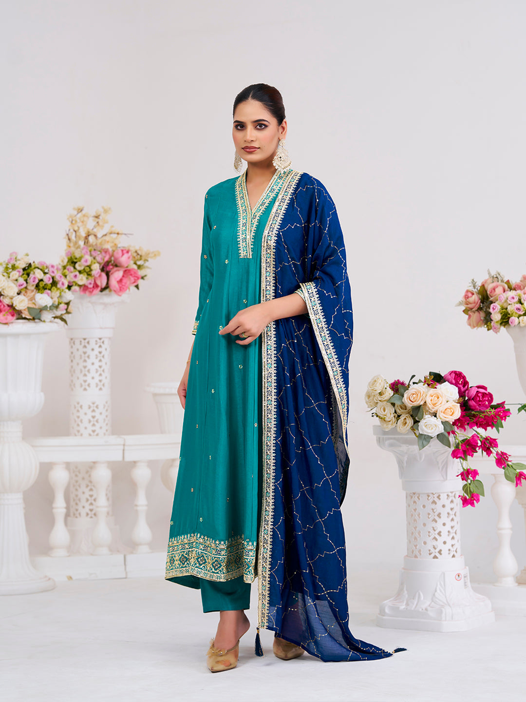 Firozi Embroidered Silk Anarkali Kurta With Dupatta Set