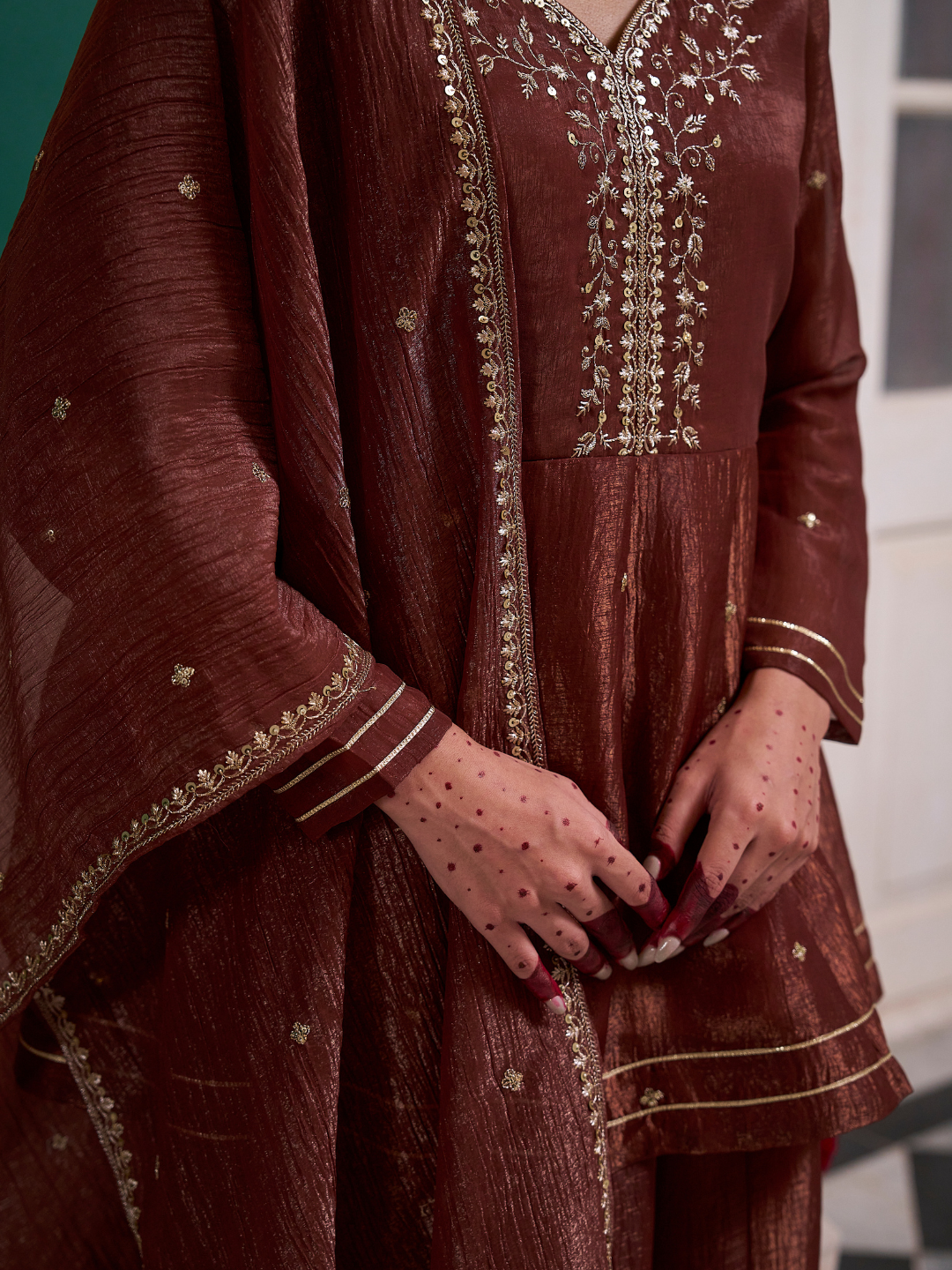 Coffee Embroidered Peplum Top with Sharara Set