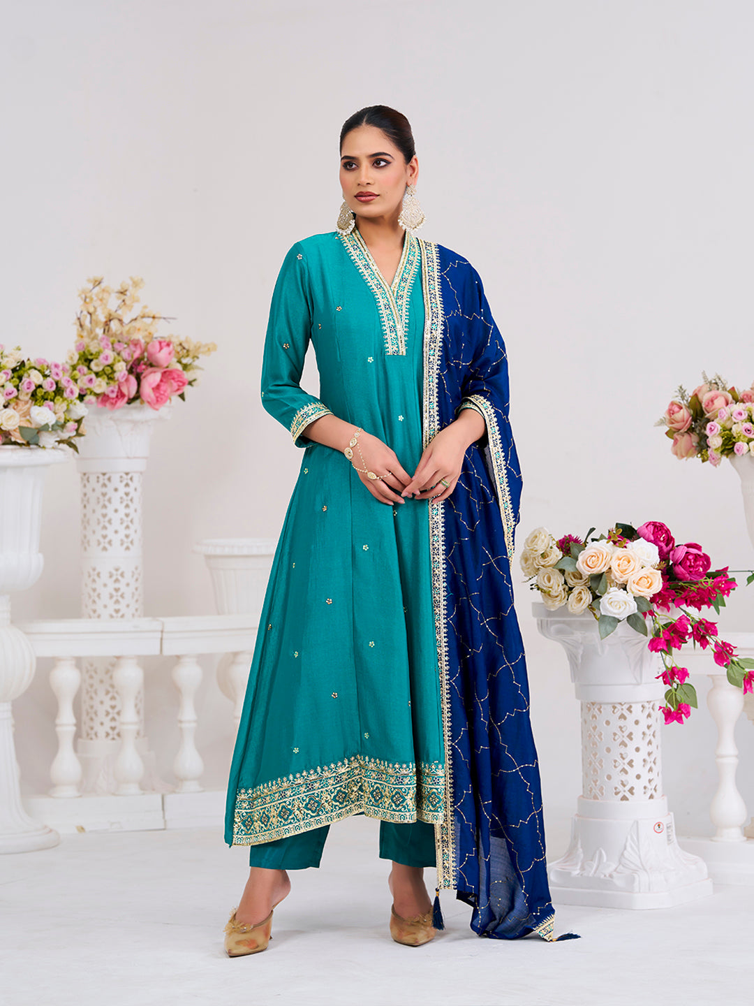 Firozi Embroidered Silk Anarkali Kurta With Dupatta Set