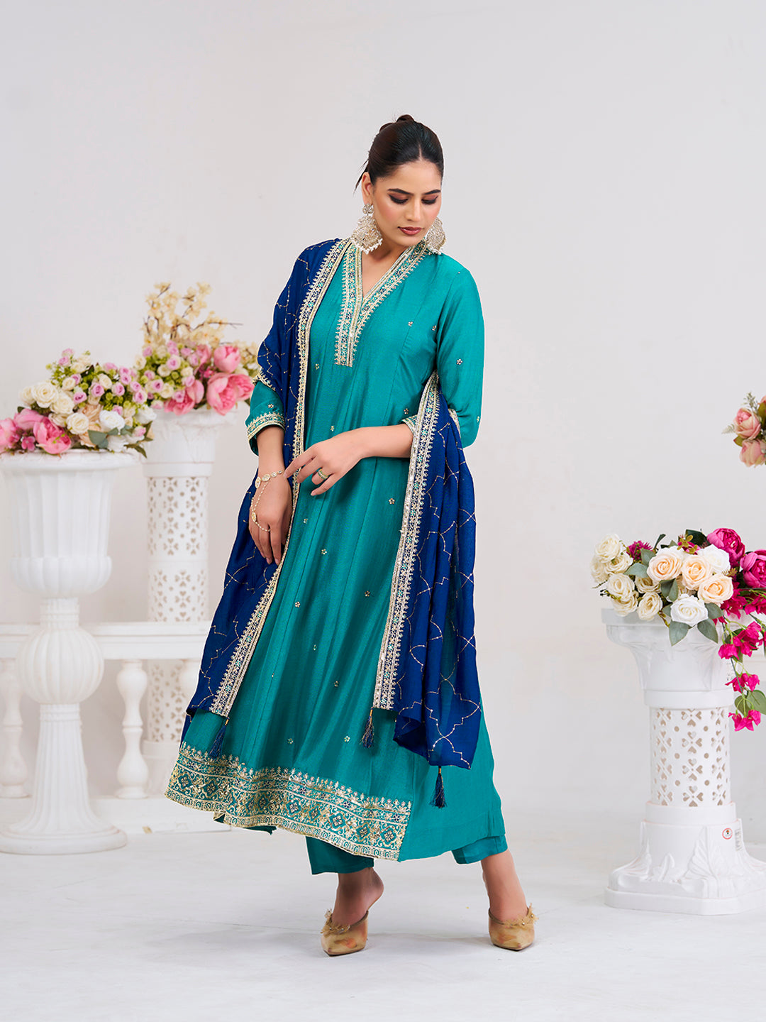 Firozi Embroidered Silk Anarkali Kurta With Dupatta Set