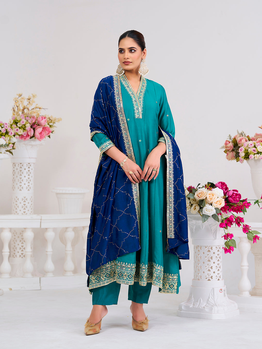 Firozi Embroidered Silk Anarkali Kurta With Dupatta Set