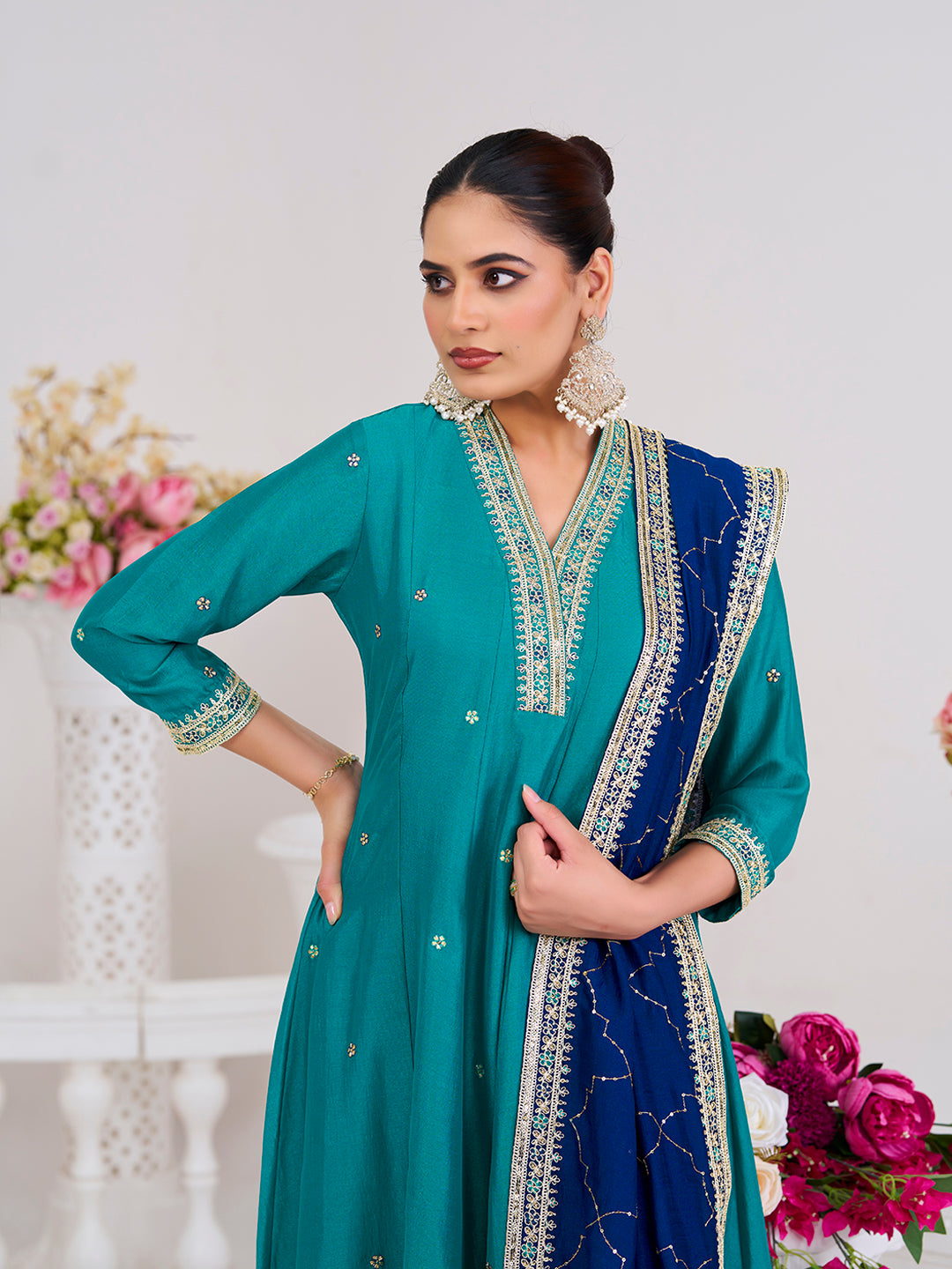 Firozi Embroidered Silk Anarkali Kurta With Dupatta Set
