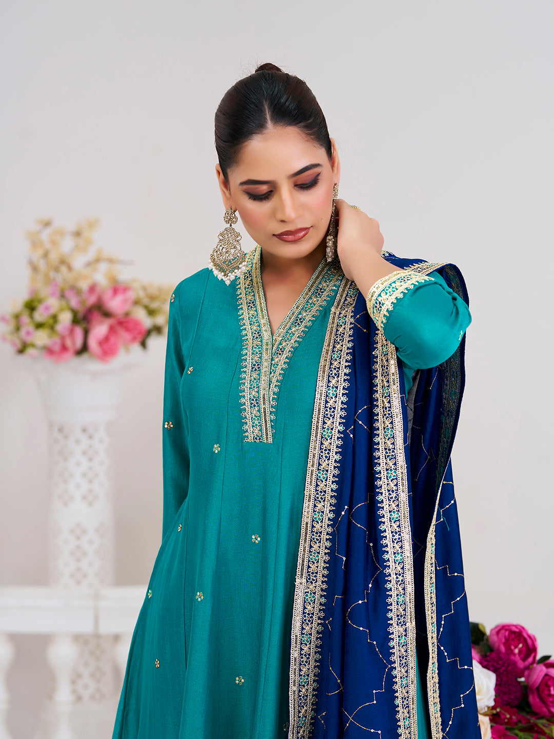 Firozi Embroidered Silk Anarkali Kurta With Dupatta Set