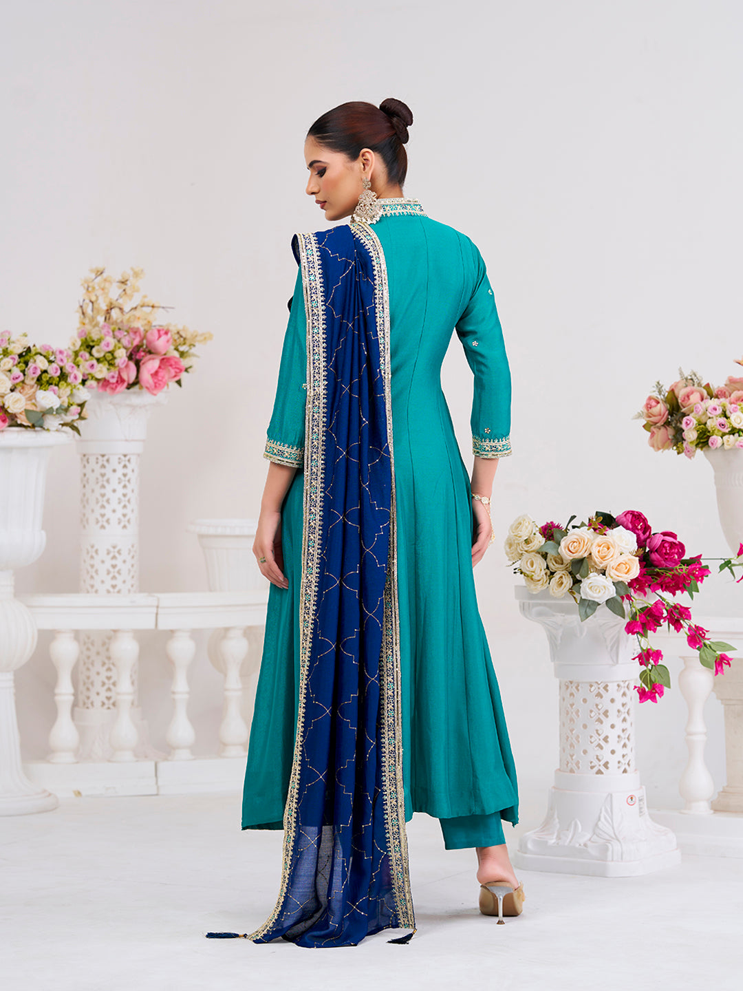 Firozi Embroidered Silk Anarkali Kurta With Dupatta Set