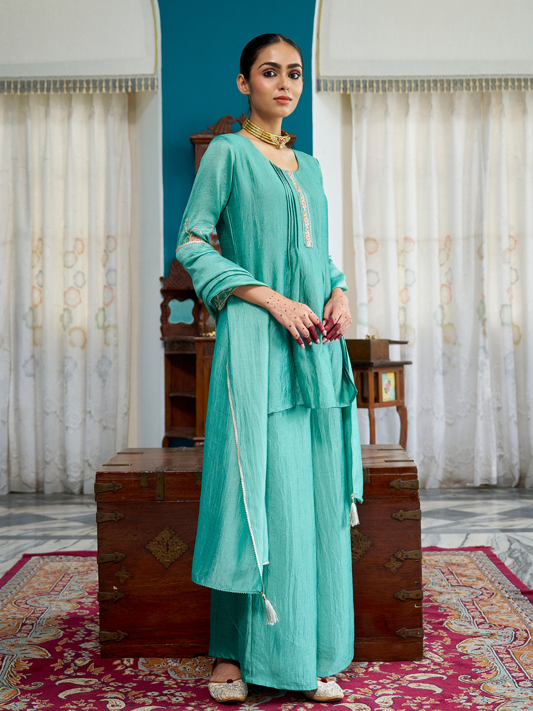 C Green Embroidered Peplum Top with Sharara Set