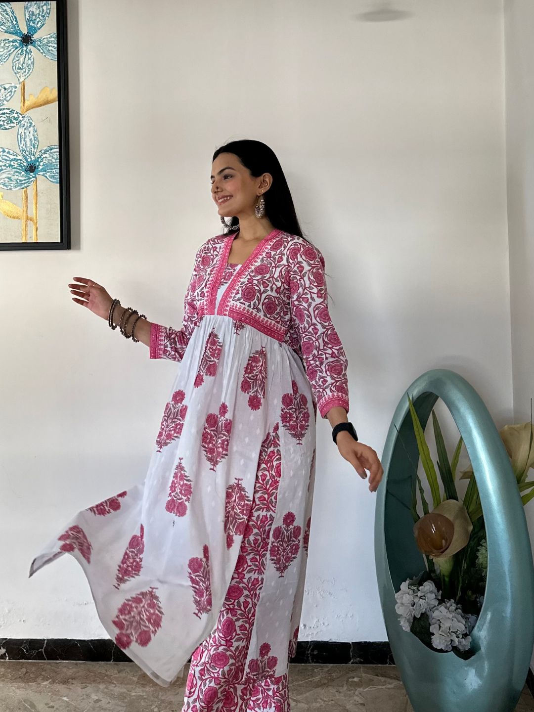 Pink Floral Print Cotton Kurta With Pants Set