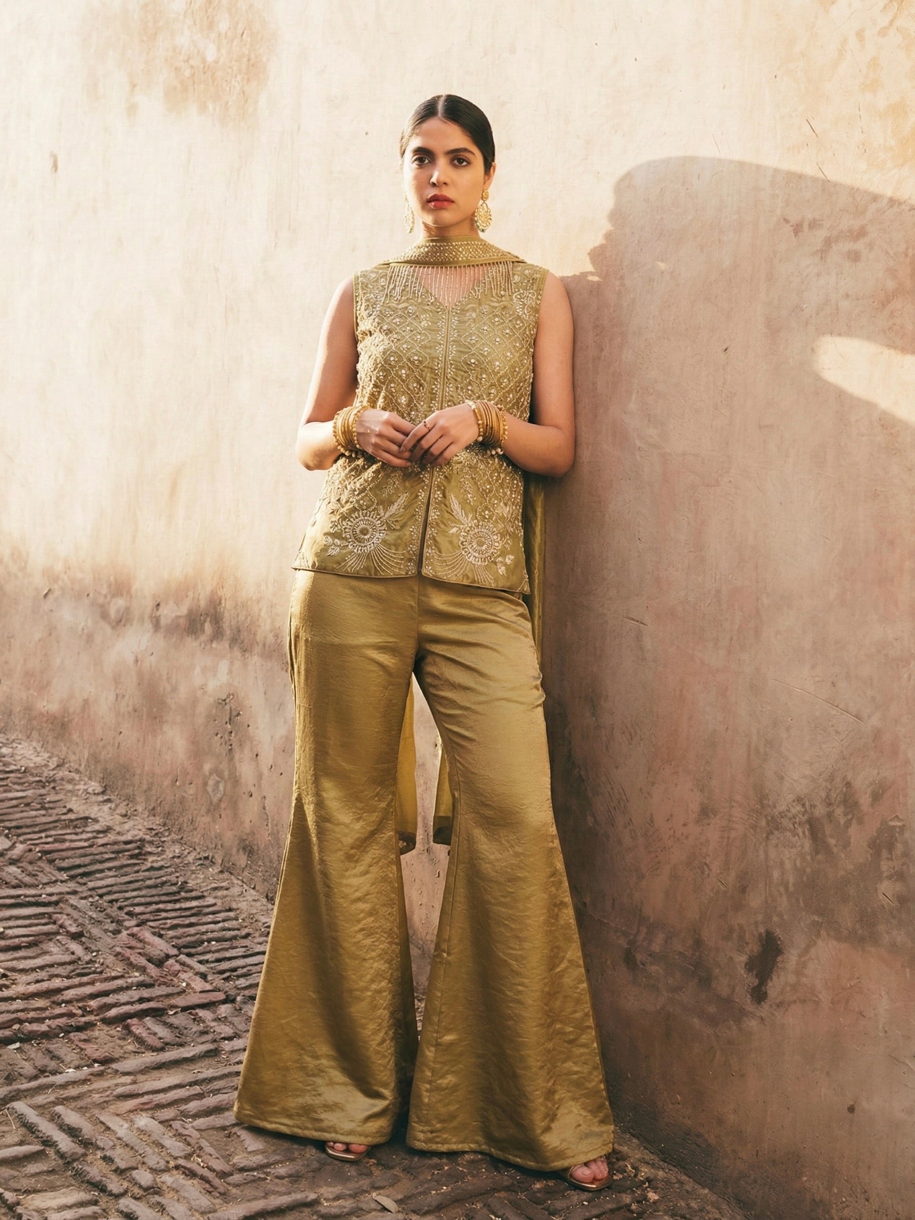 Pista Silk Embroidered Co-Ord Set with Dupatta for Women