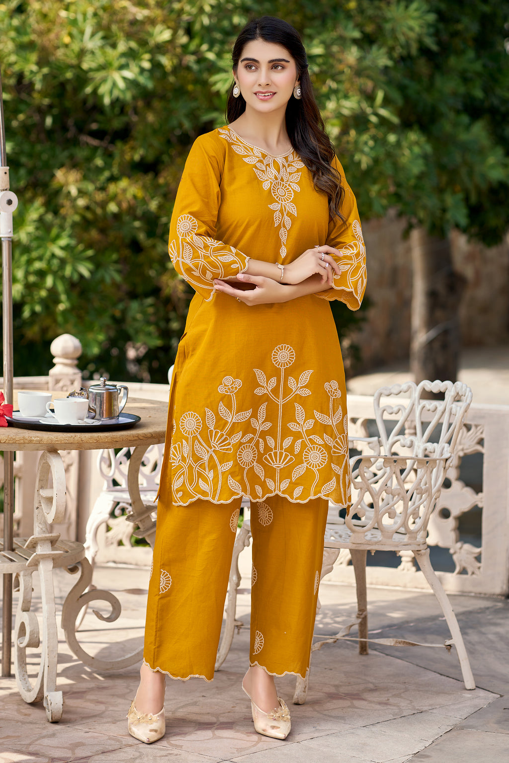 Indibelle Beige Cotton Slub Corded Embroidery Co-ord Set