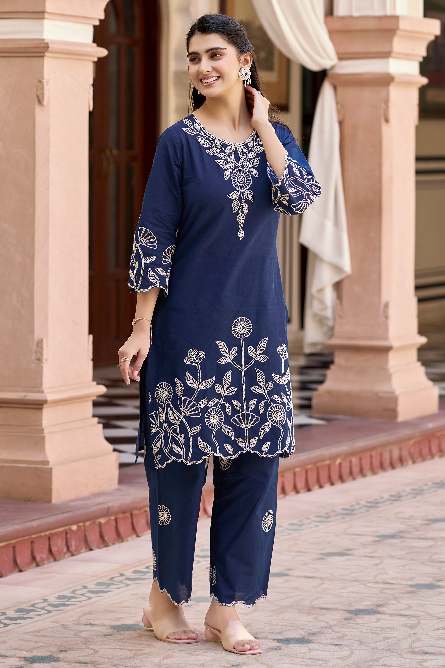 Teal Blue Cotton Embroidered Co-ord Set
