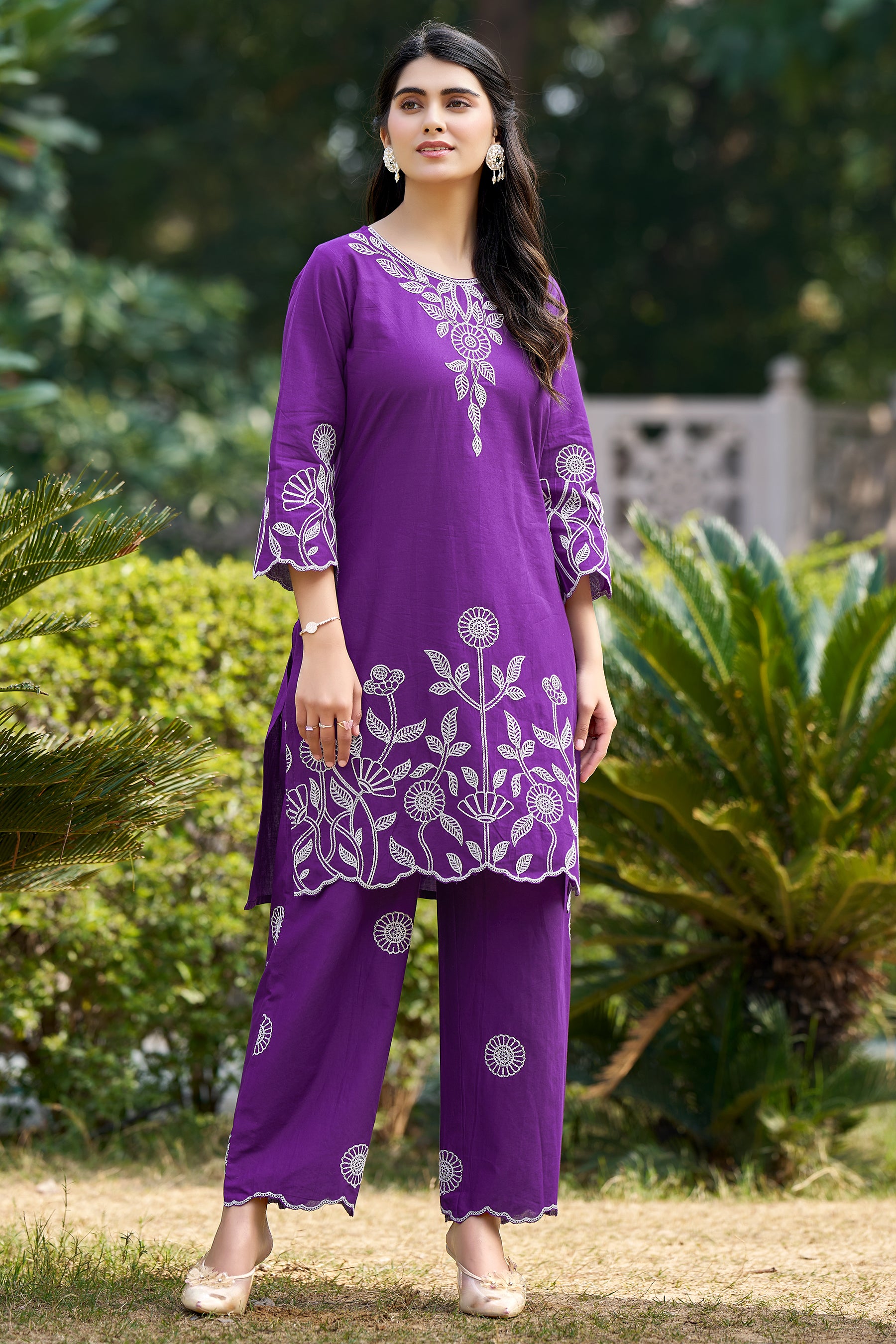Violet Cotton Embroidered Co-ord Set