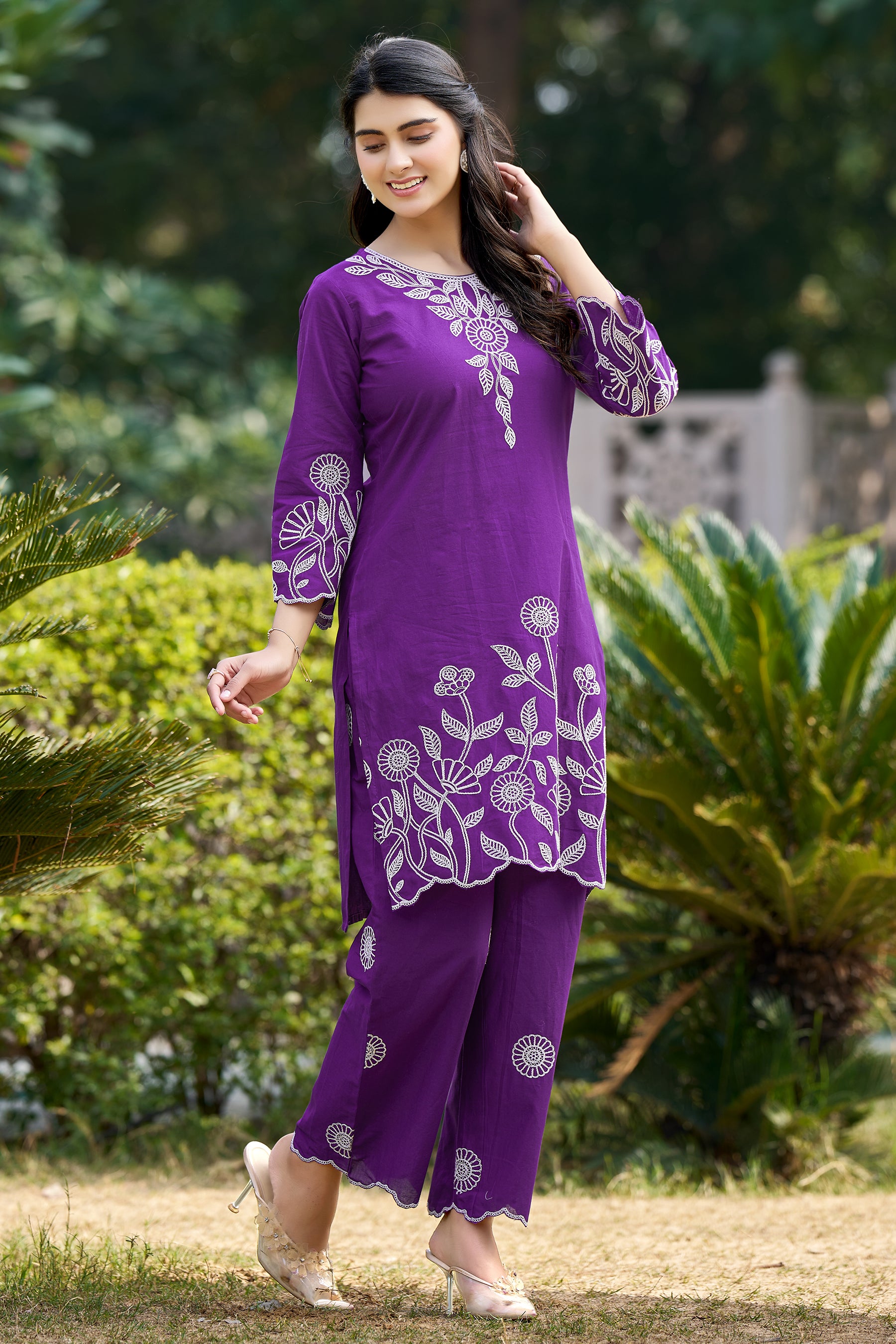 Violet Cotton Embroidered Co-ord Set