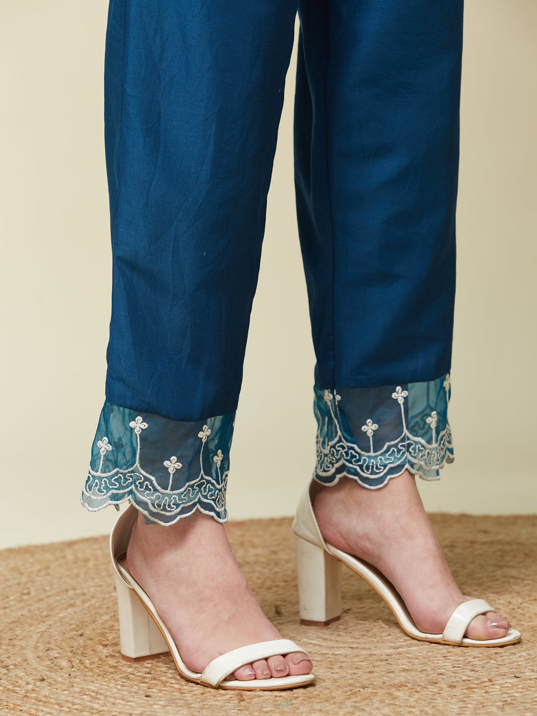 Teal Blue Chinon Embroidered Co-ord Set