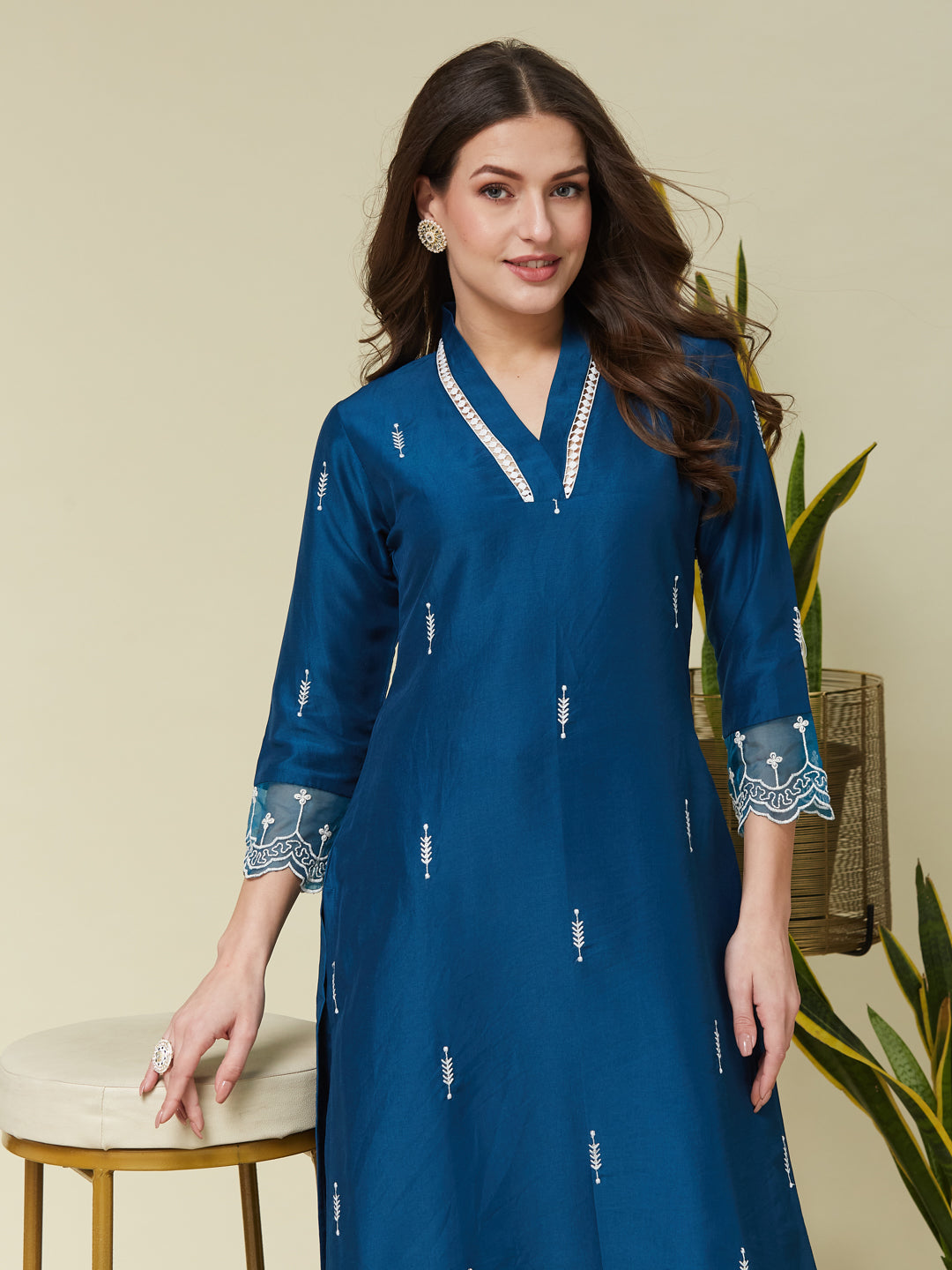 Teal Blue Chinon Embroidered Co-ord Set