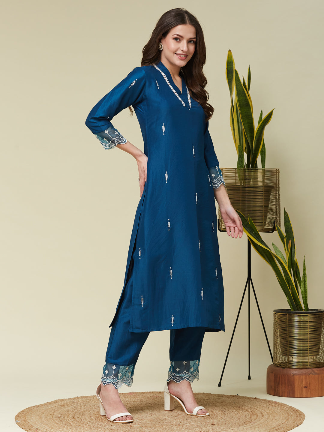 Teal Blue Chinon Embroidered Co-ord Set | rightside view