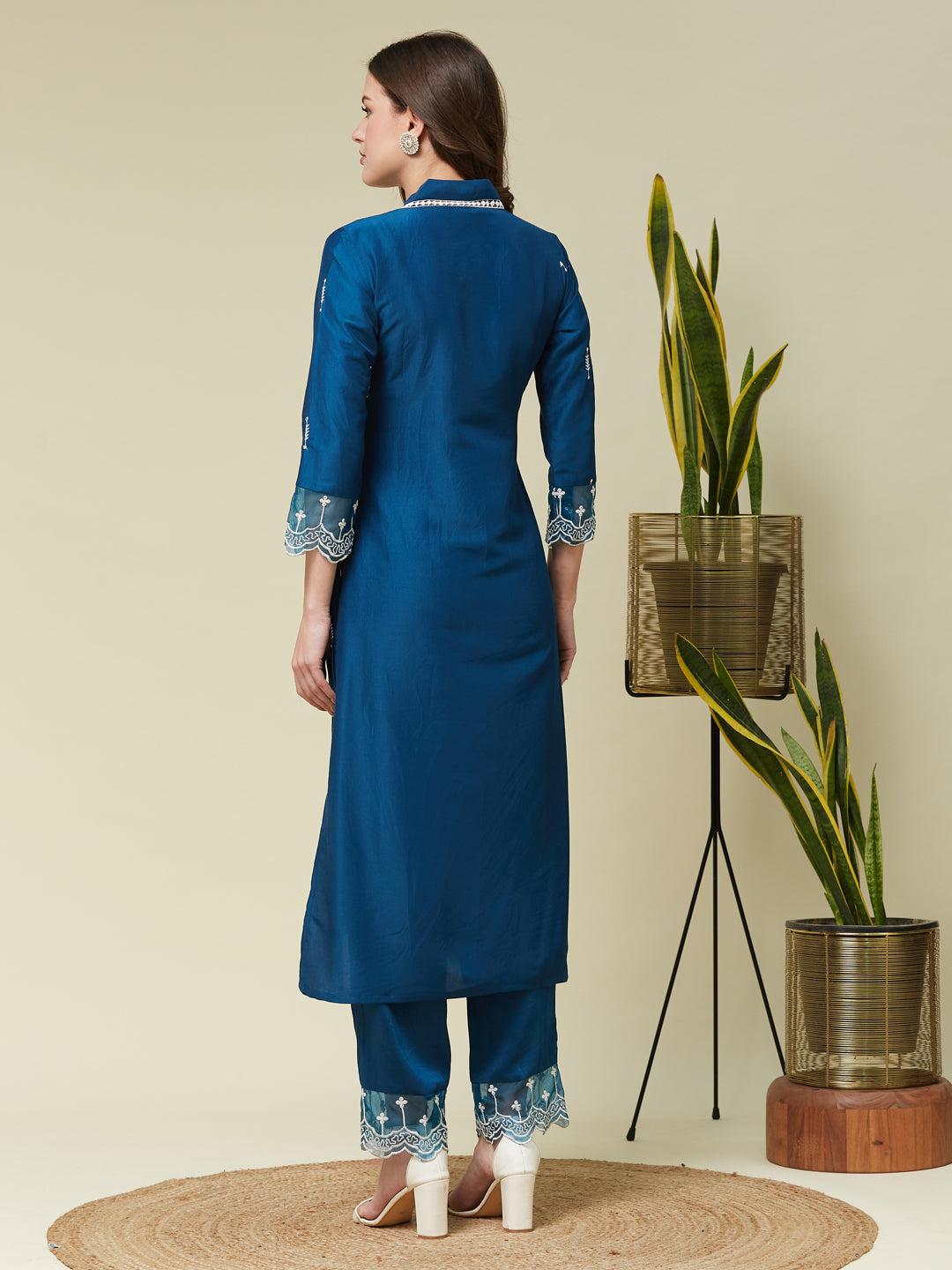 Teal Blue Chinon Embroidered Co-ord Set | backside view