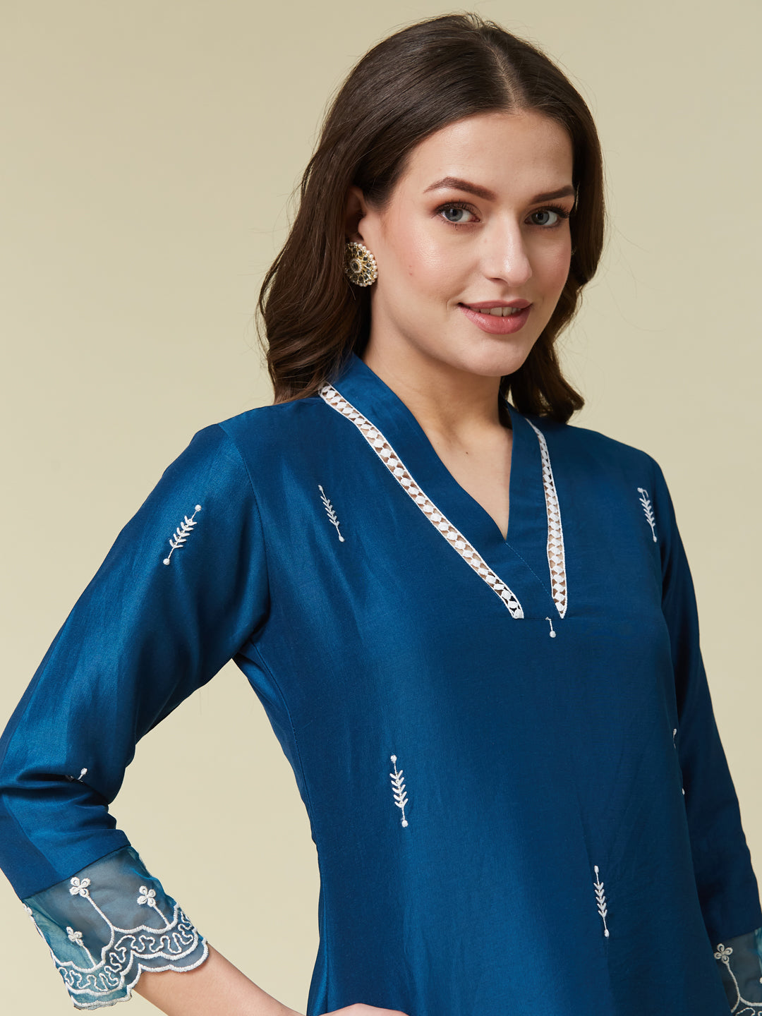 Teal Blue Chinon Embroidered Co-ord Set