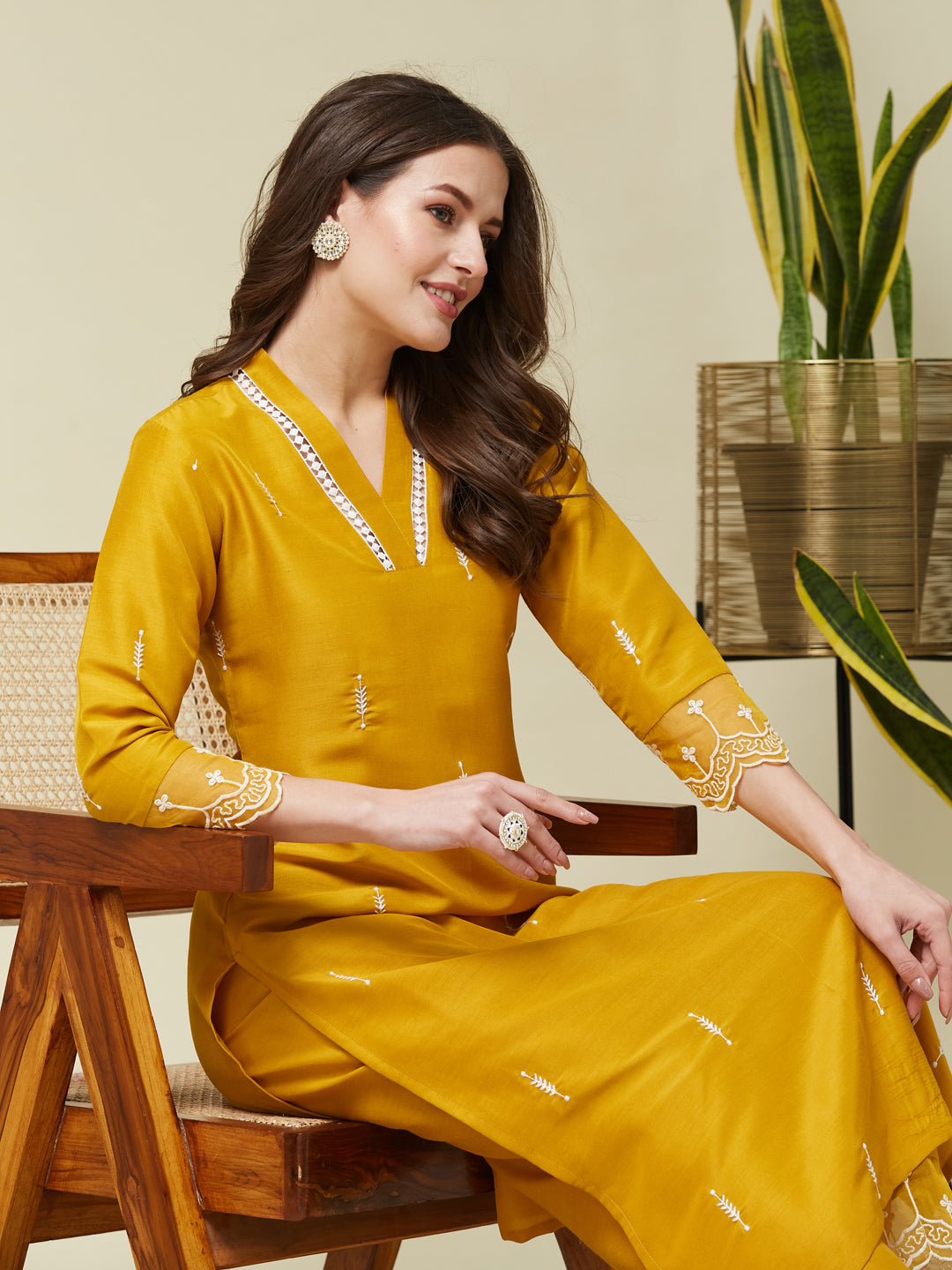 Dark Mustard Chinon Embroidered Co-Ord Set for Women | rightside view