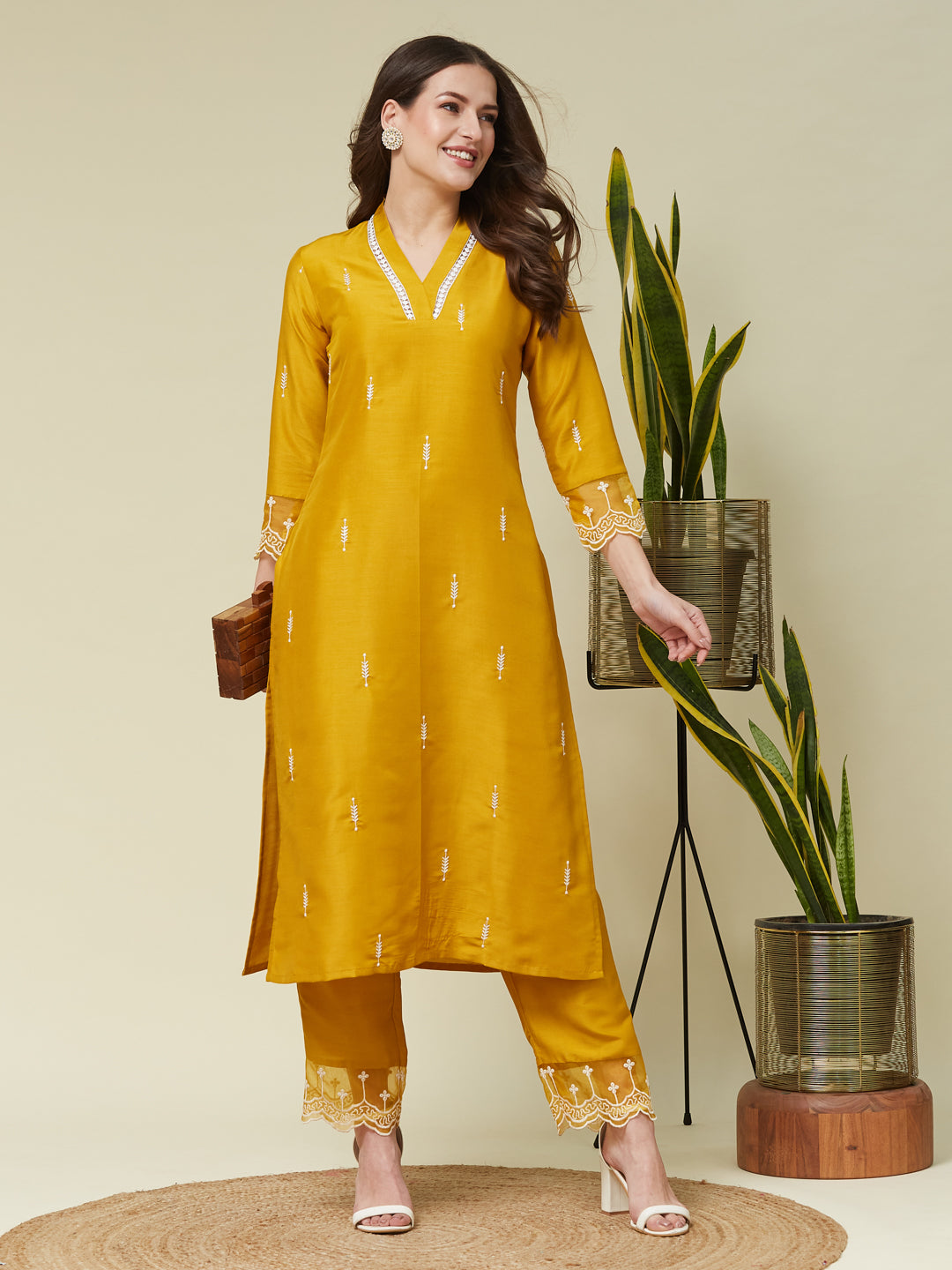 Dark Mustard Chinon Embroidered Co-ord Set