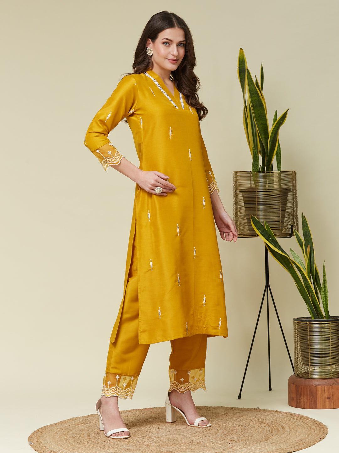 Dark Mustard Chinon Embroidered Co-ord Set
