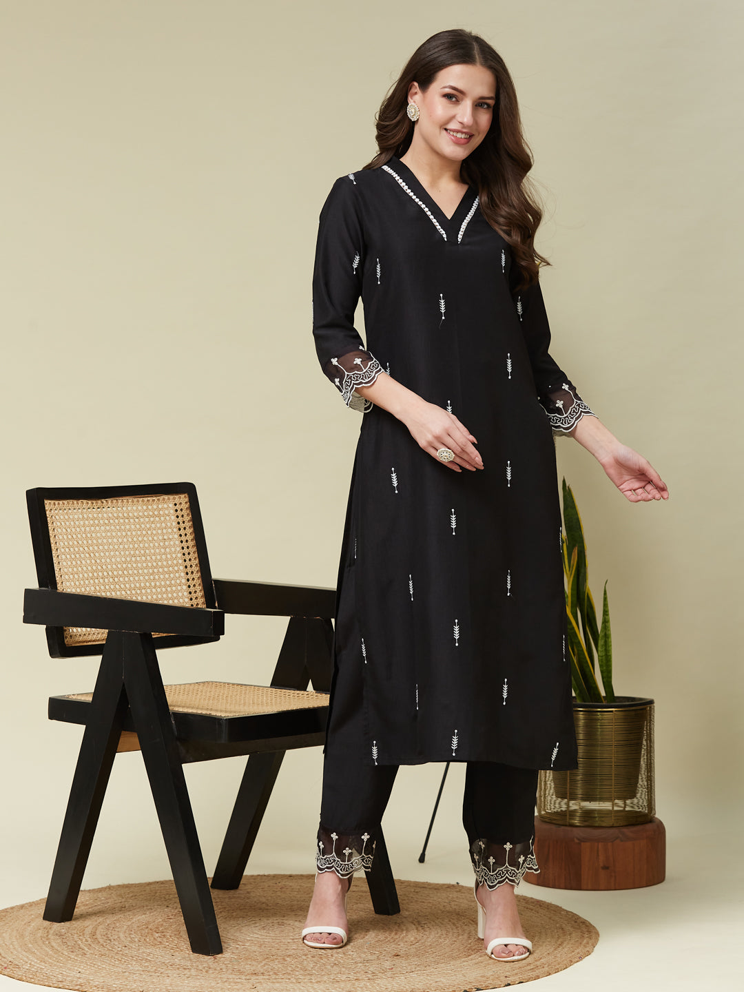 Black Chinon Embroidered Co-ord Set | embroidered co ord sets for women | frontside view