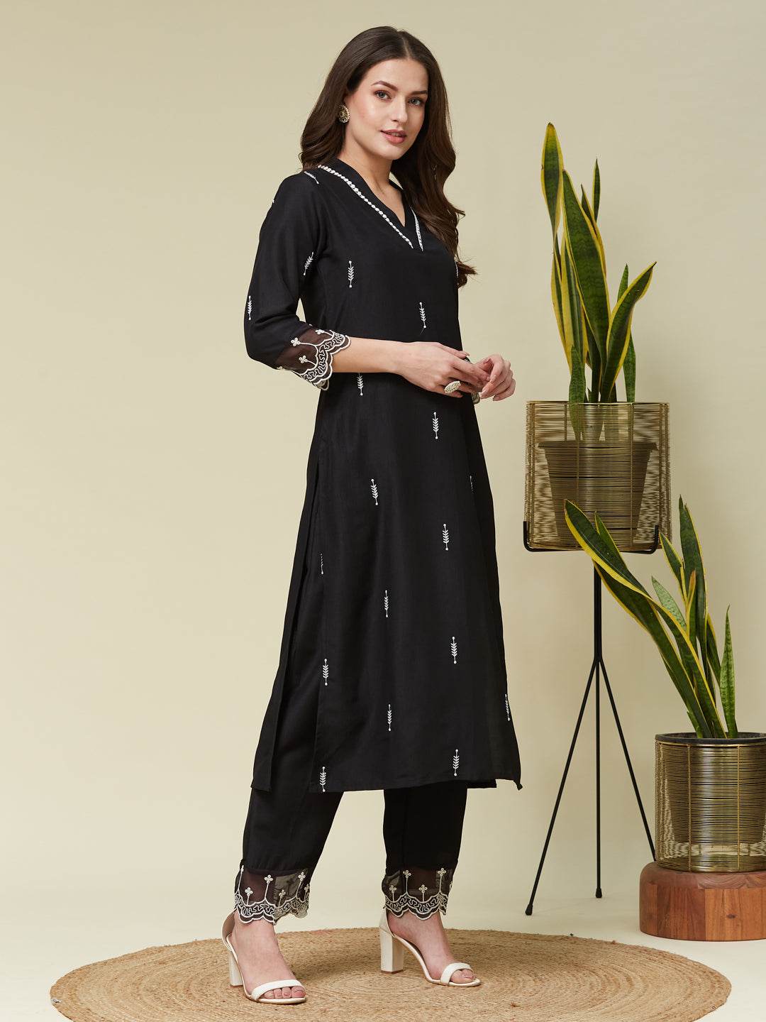 Black Chinon Embroidered Co-ord Set | embroidered co ord sets for women | rightside view