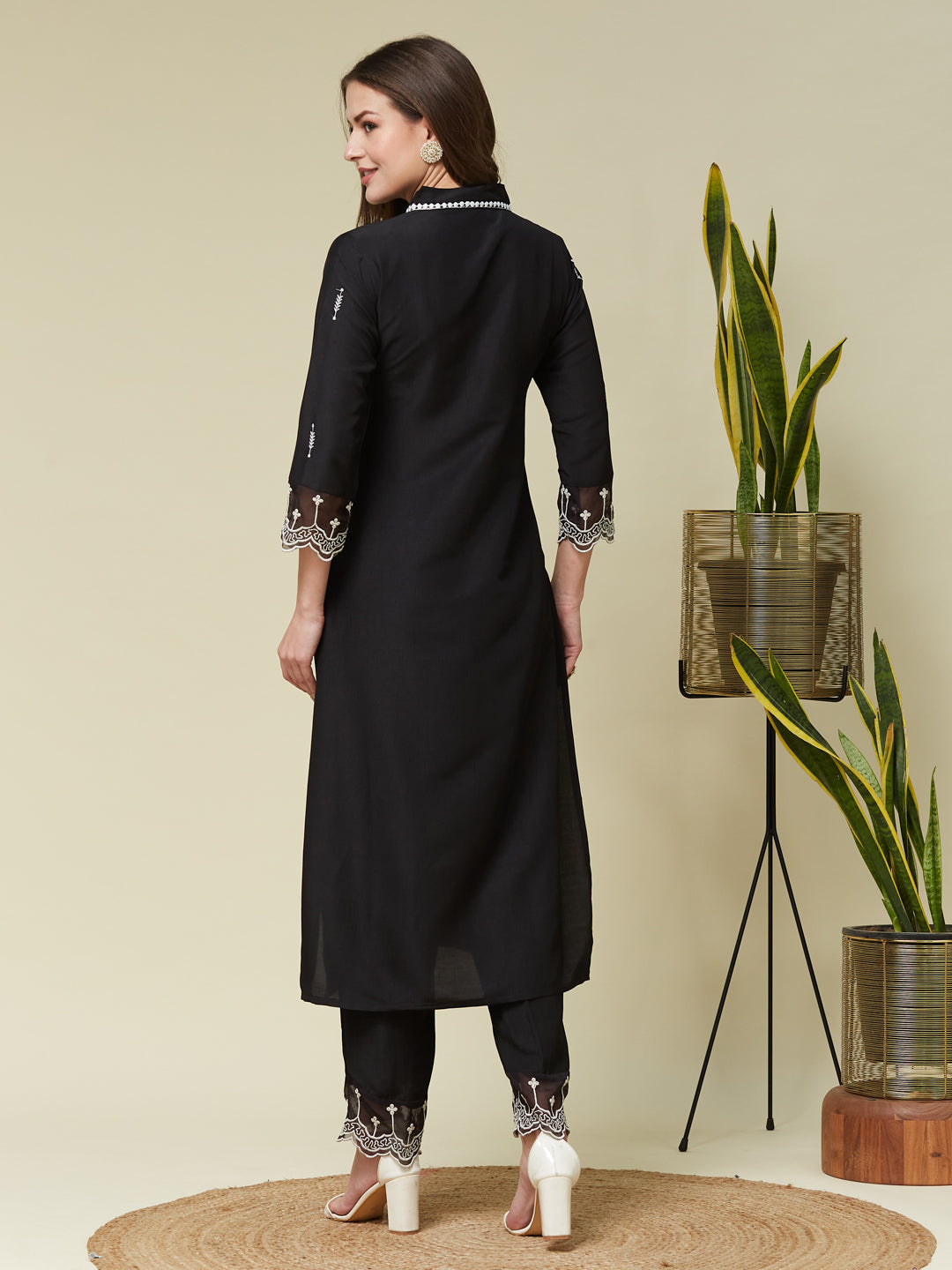 Black Chinon Embroidered Co-ord Set | embroidered co ord sets for women | backside view