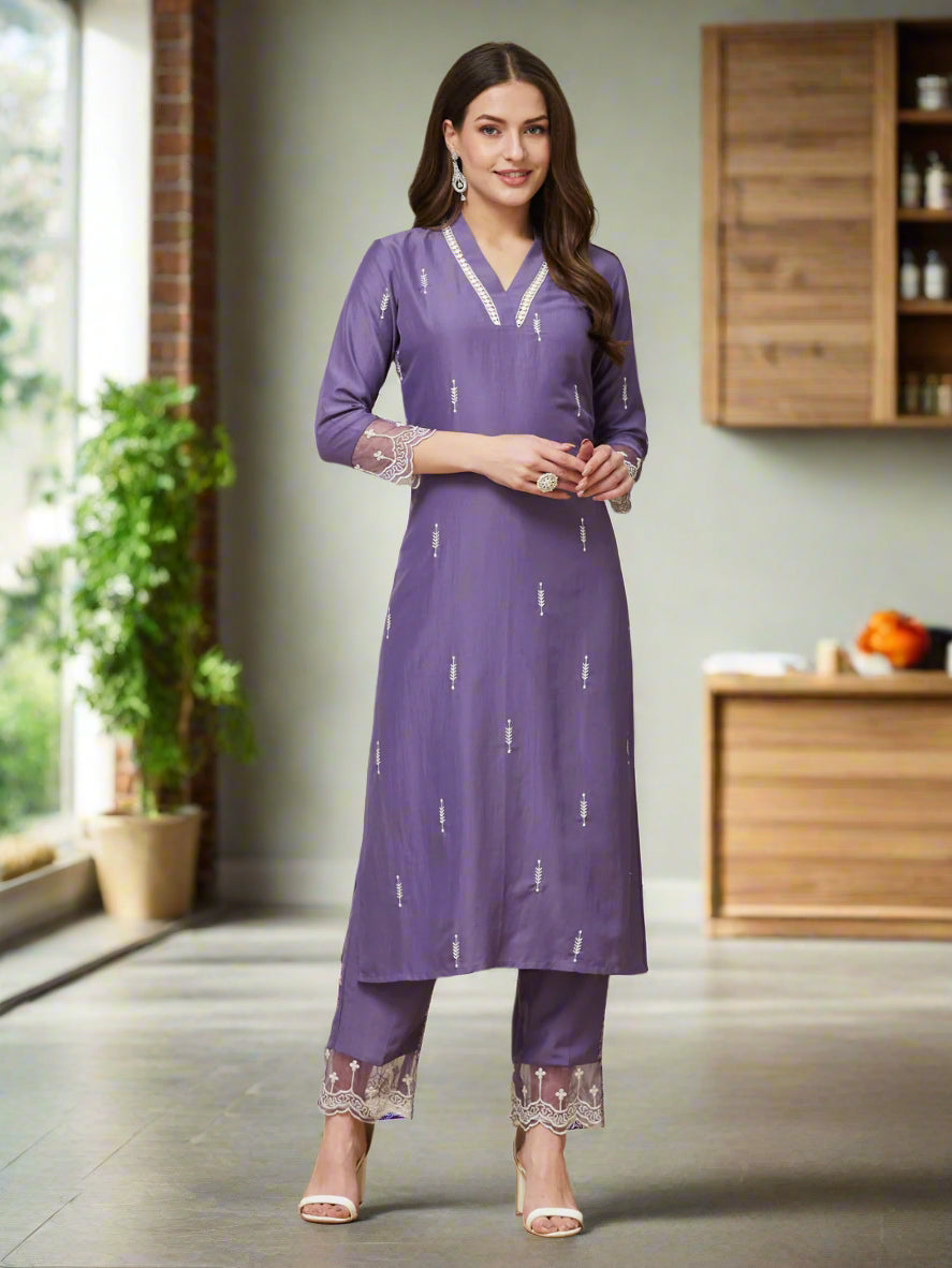 Purple Chinon Embroidered Co-ord Set