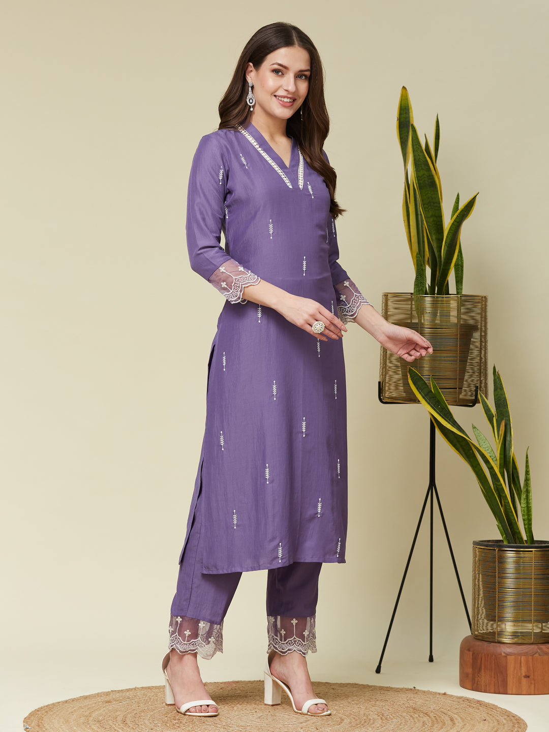 Purple Chinon Embroidered Co-ord Set