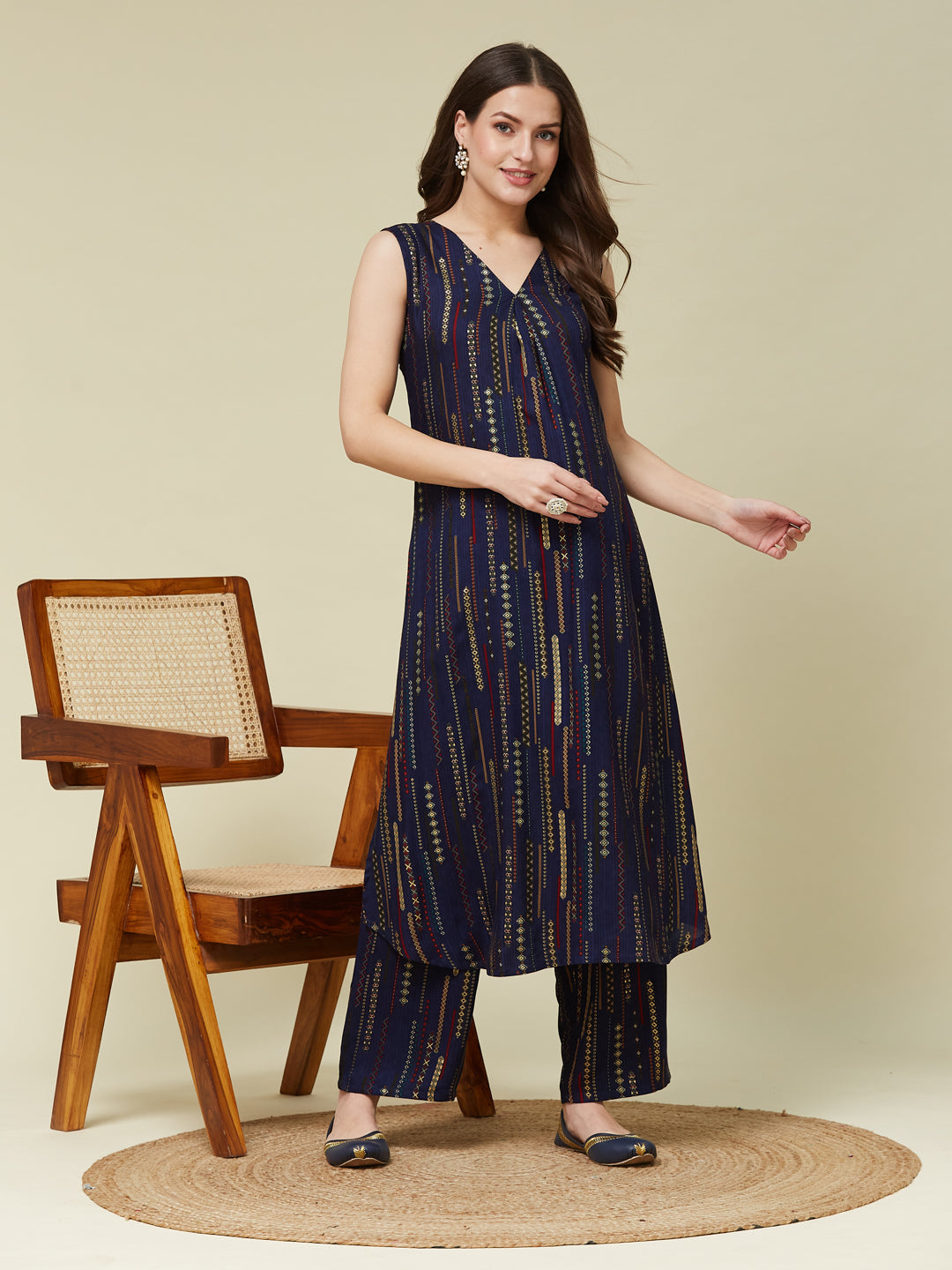 Navy Blue Rayon Printed Co-ords Set