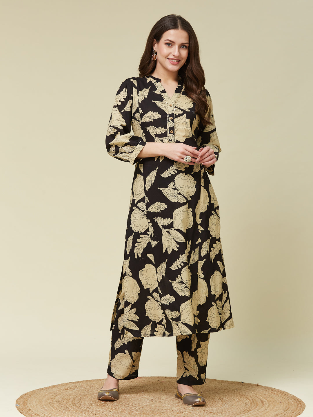 Black Cotton Printed Handwork Co-ord Set