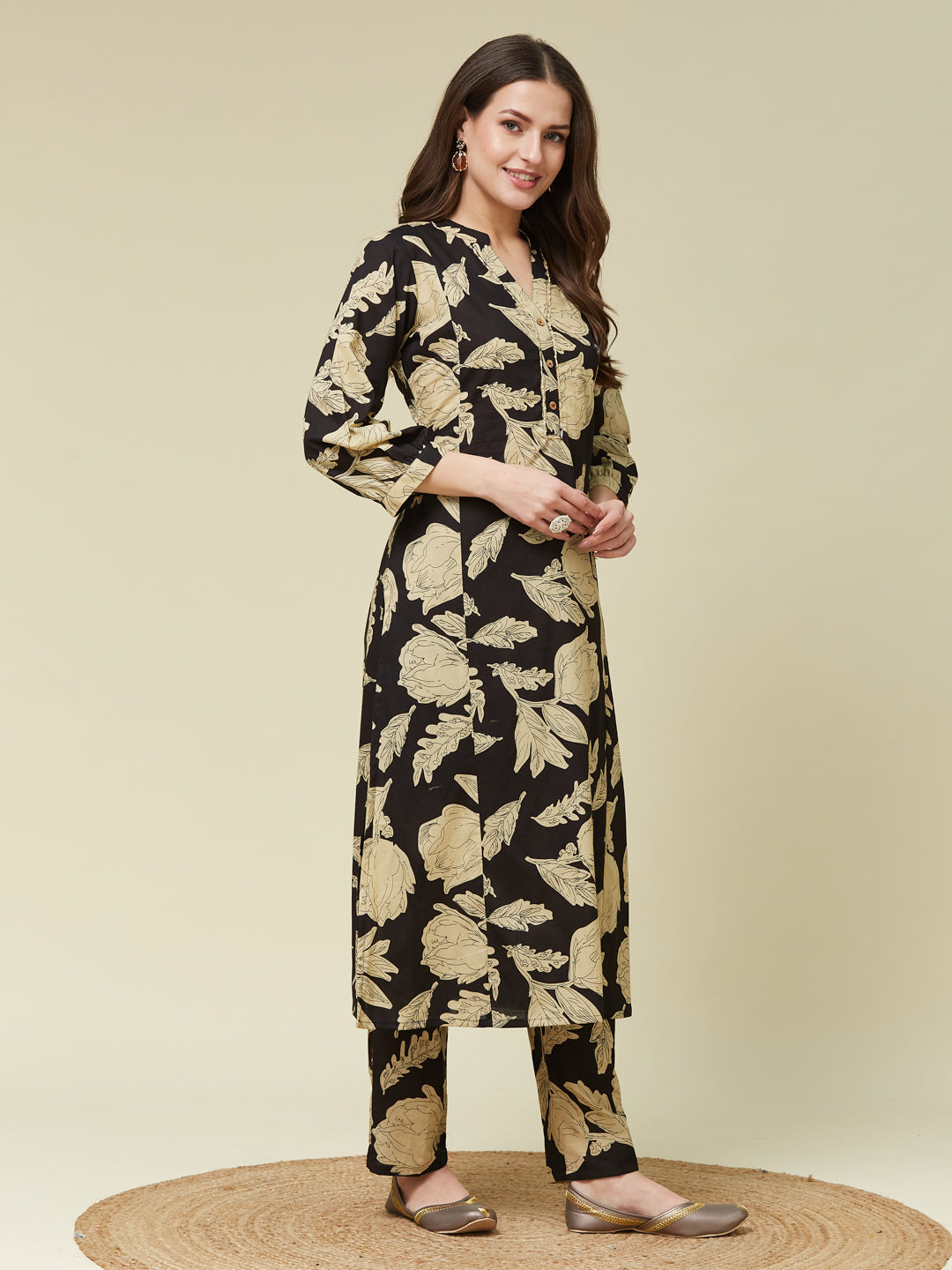 Black Cotton Printed Handwork Co-ord Set