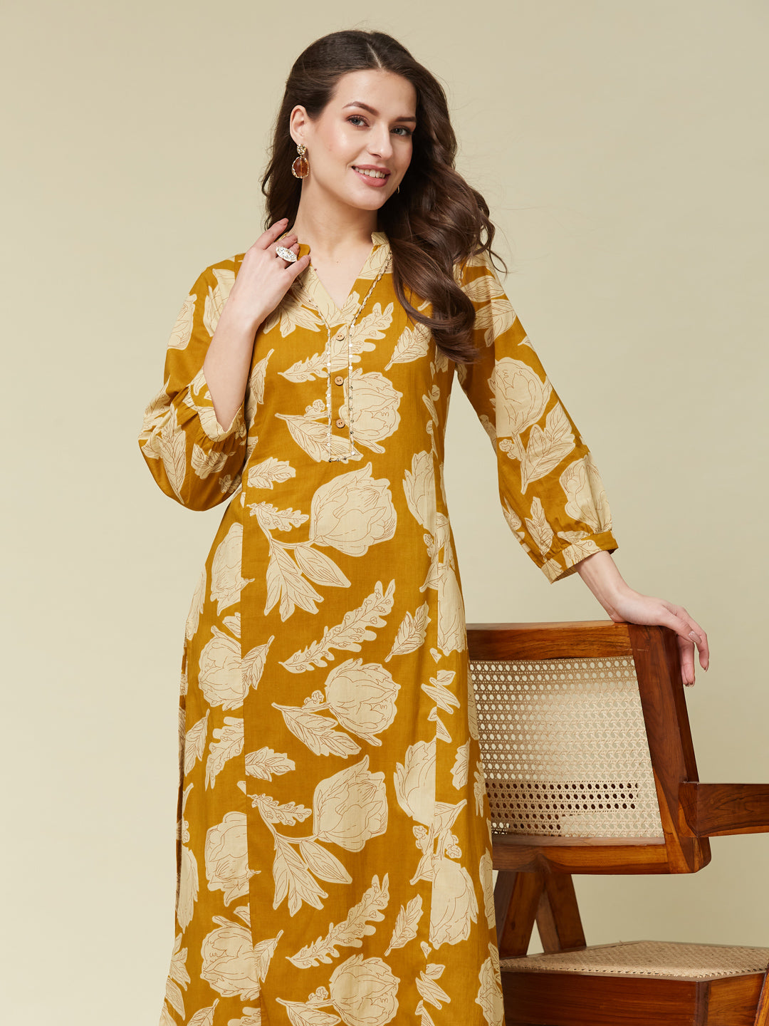 Mustard Cotton Printed Handwork Co-ord Set