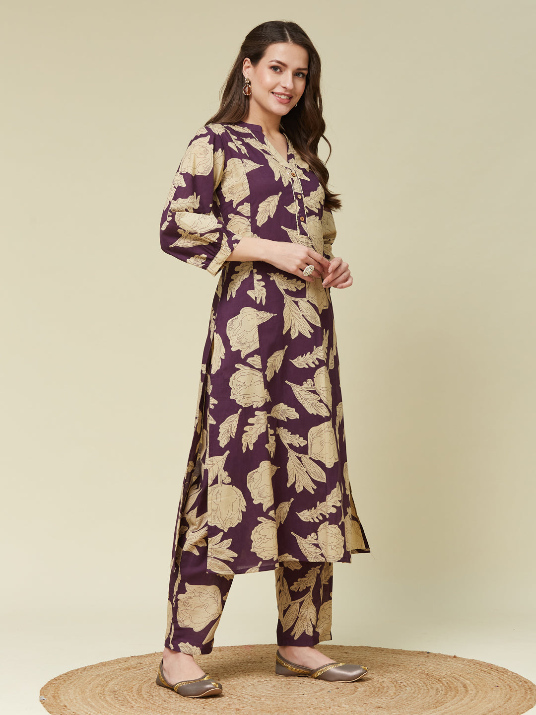 Wine Cotton Printed Handwork Co Ord Set | Colors of Earth | rightside view