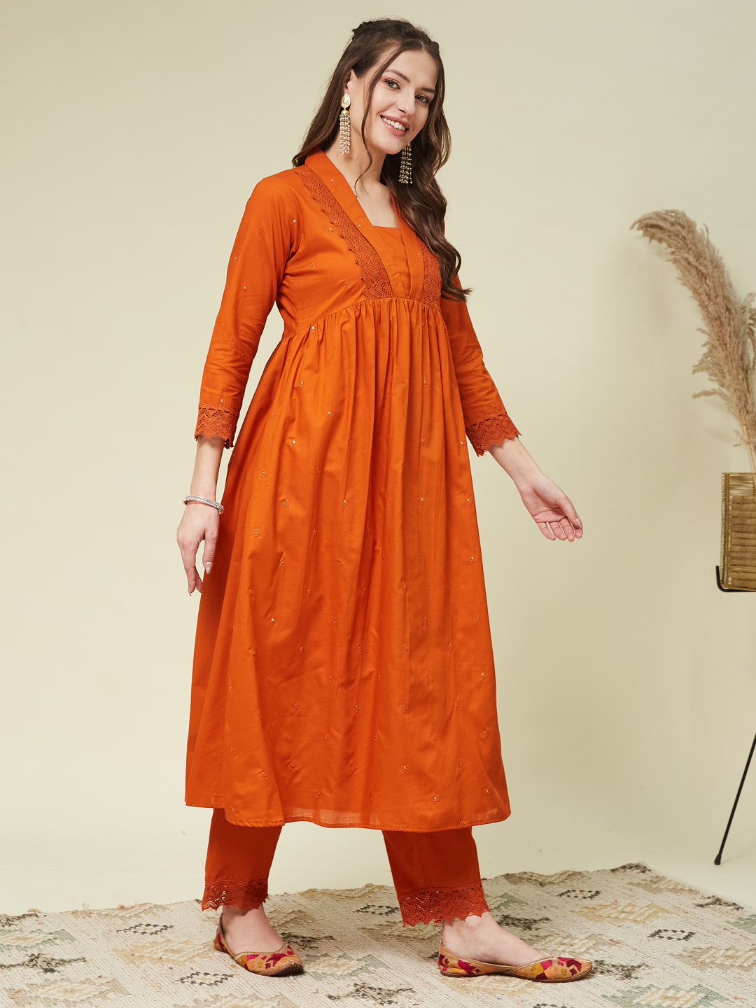 Orange Cotton Embroidered Co-ord set