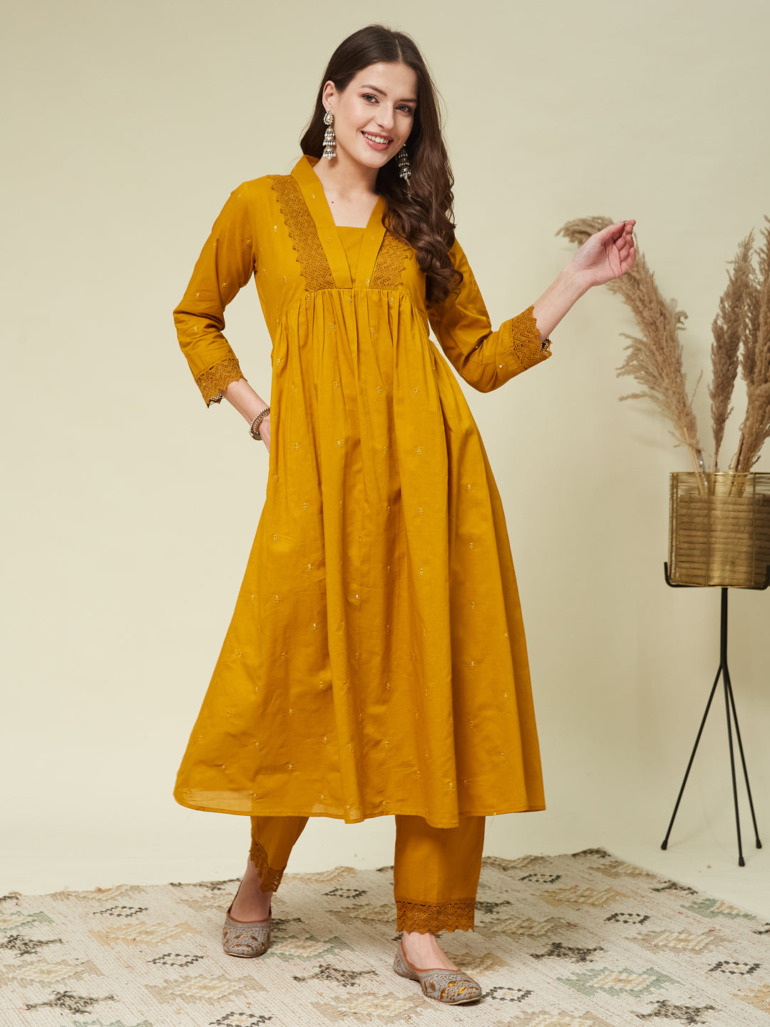 Mustard Cotton Embroidered Co-ord set